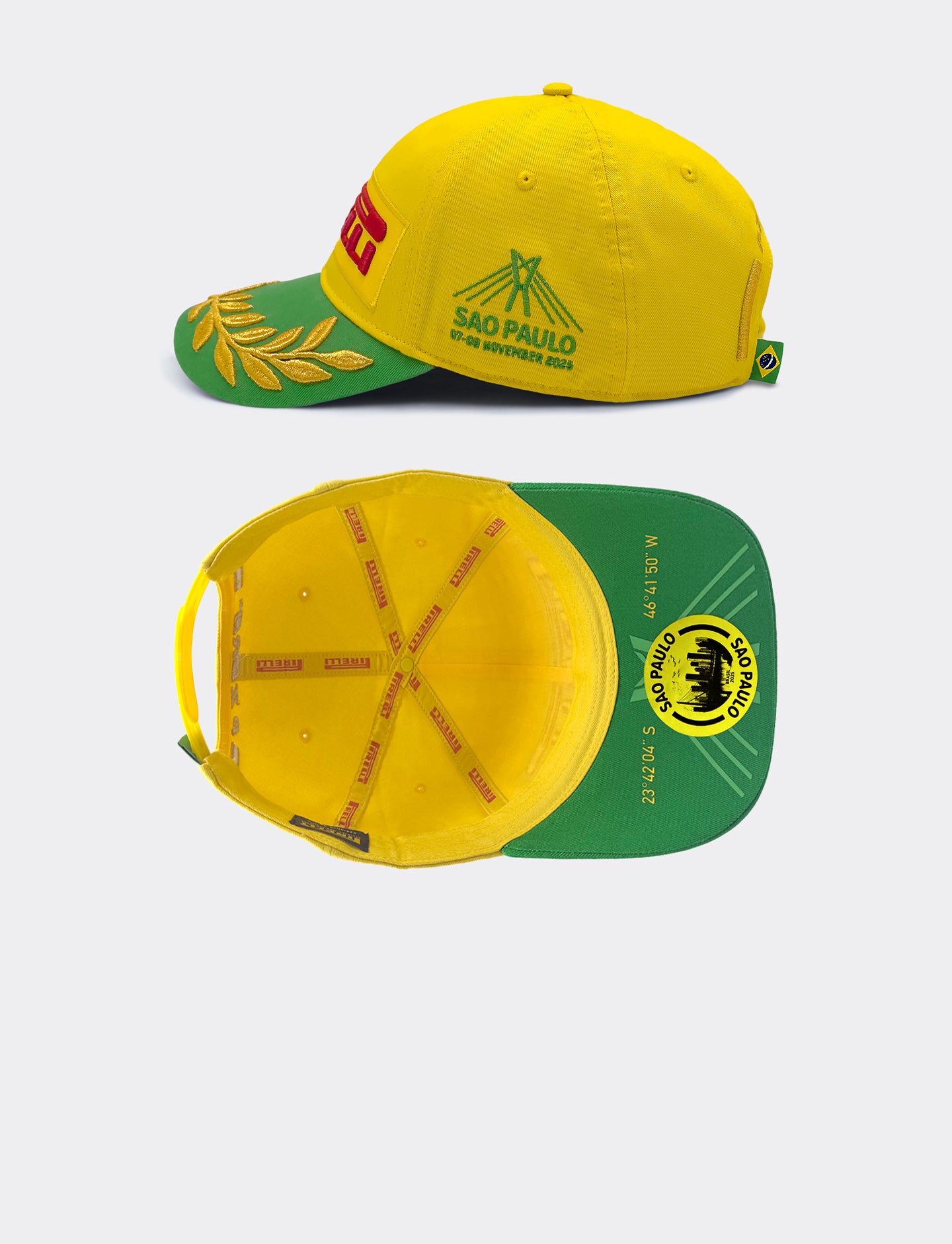 Yellow and green cap with branding on a white background