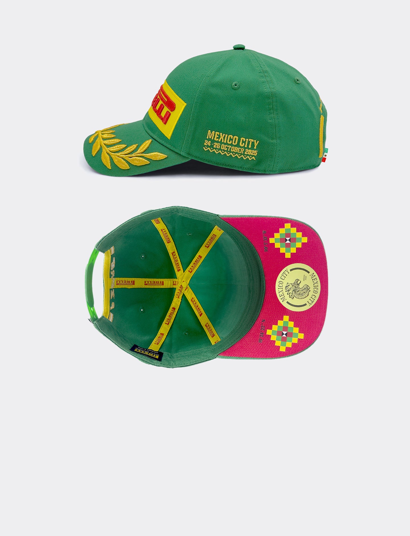 two Pirelli baseball caps with different designs and colors on a white background