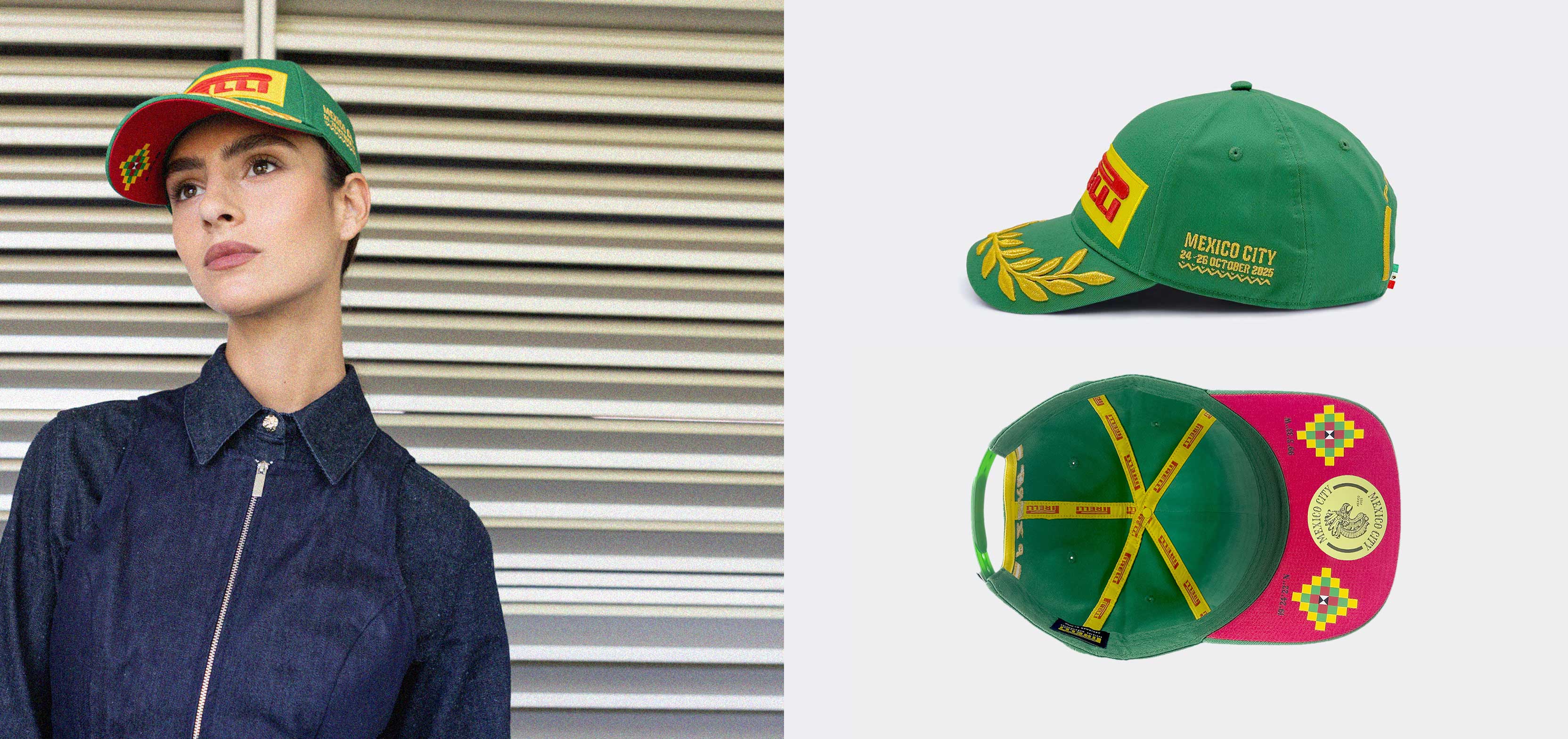 Person wearing a green Pirelli cap with red and yellow accents, next to images of the cap on a white background.