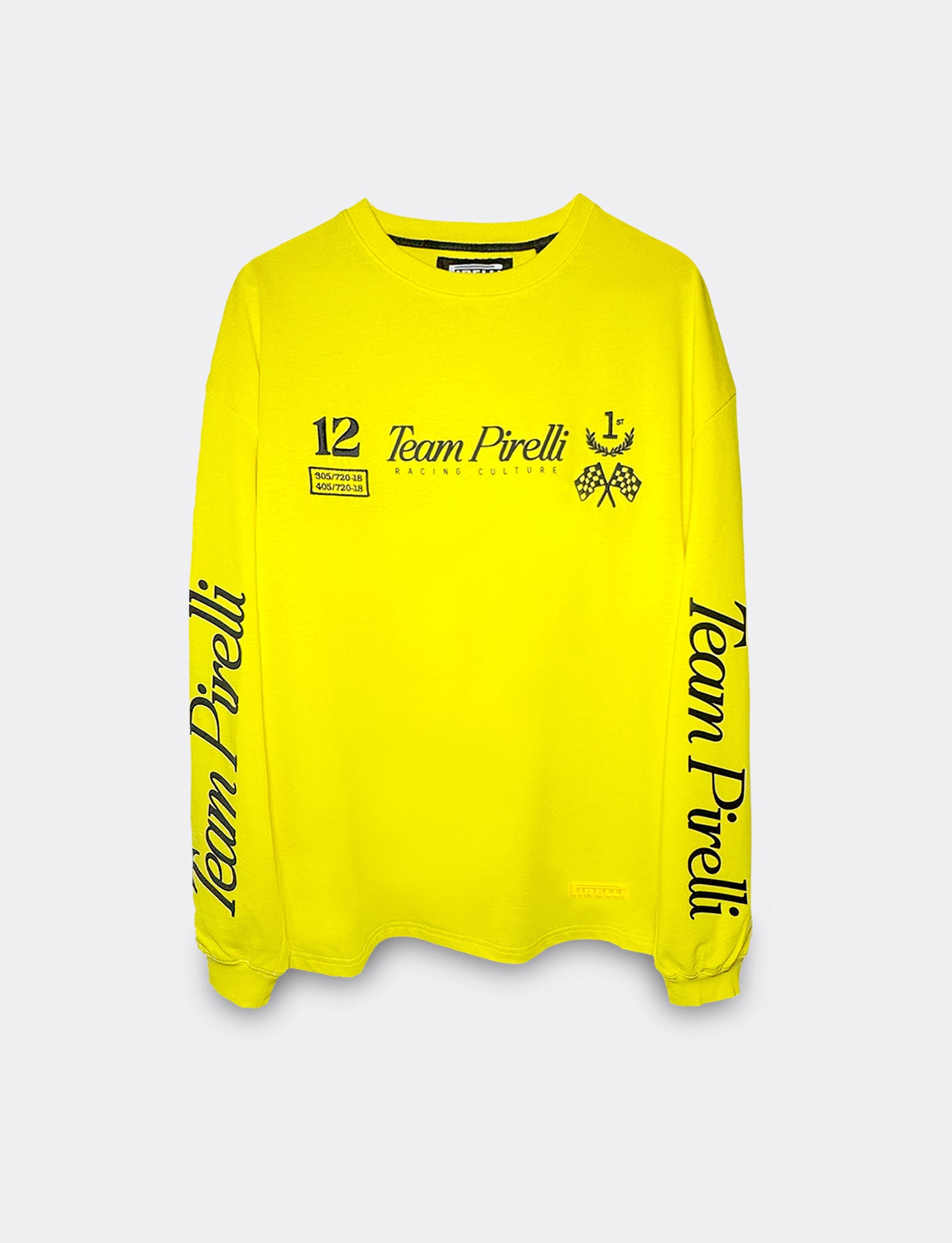 Yellow long sleeve tee with 'Team Pirelli' branding on a light gray background
