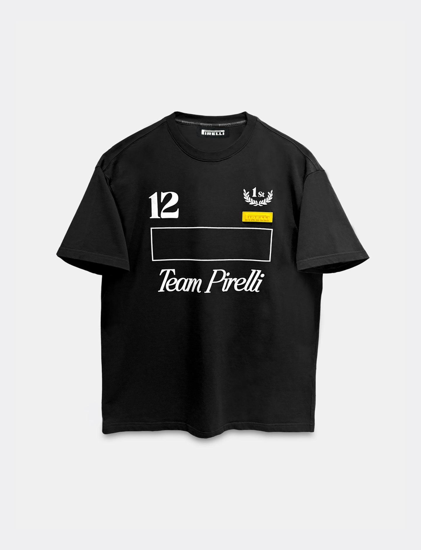 Black t-shirt with 'Team Pirelli' logo and design on a white background