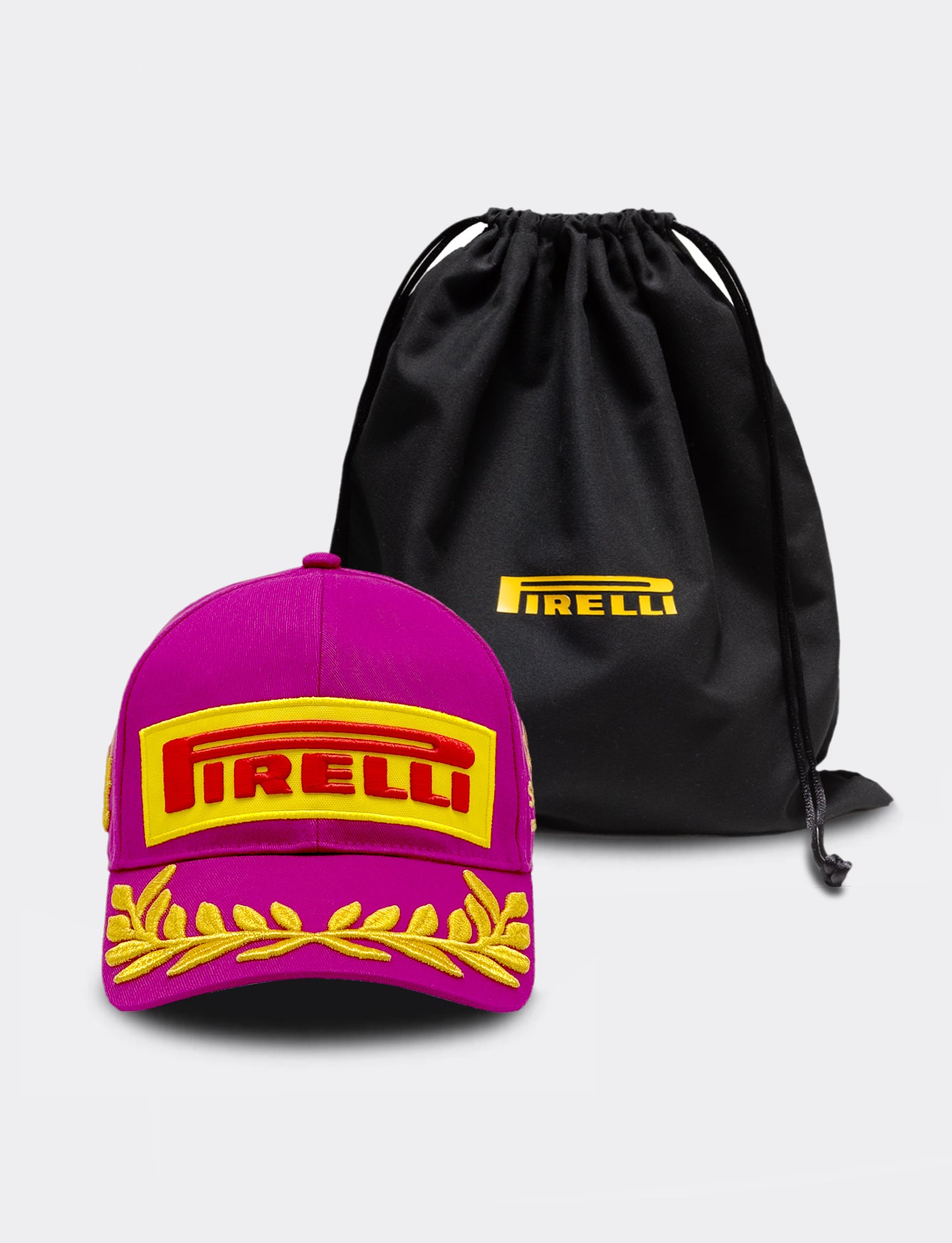 Magenta Pirelli Podium Cap and black Pirelli black bag