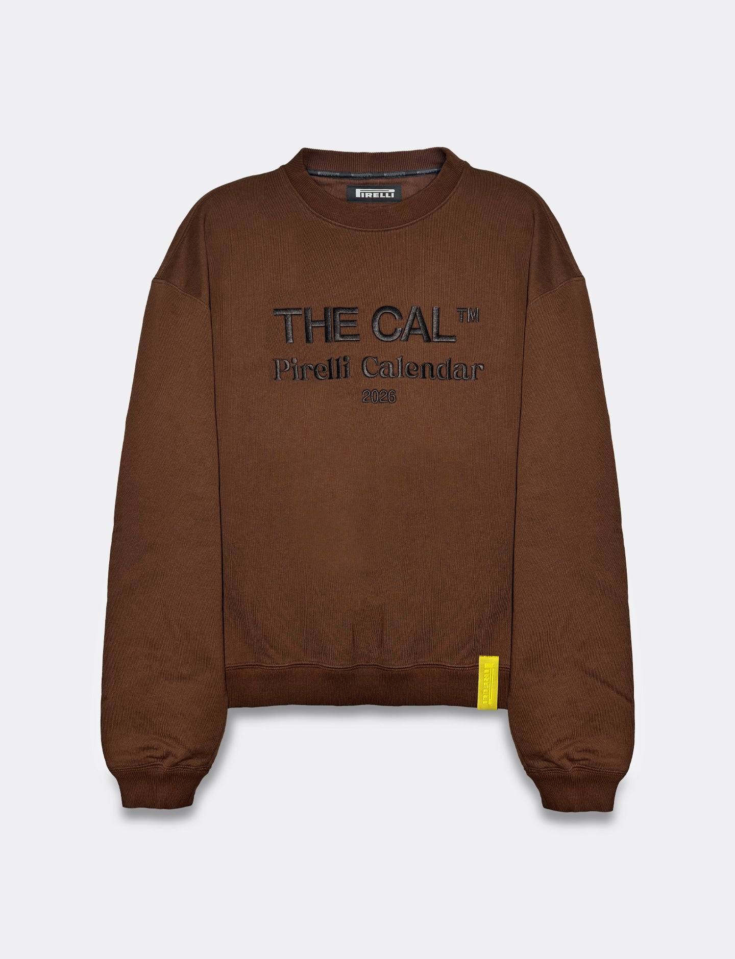 Brown sweatshirt with 'THE CAL' branding on a white background