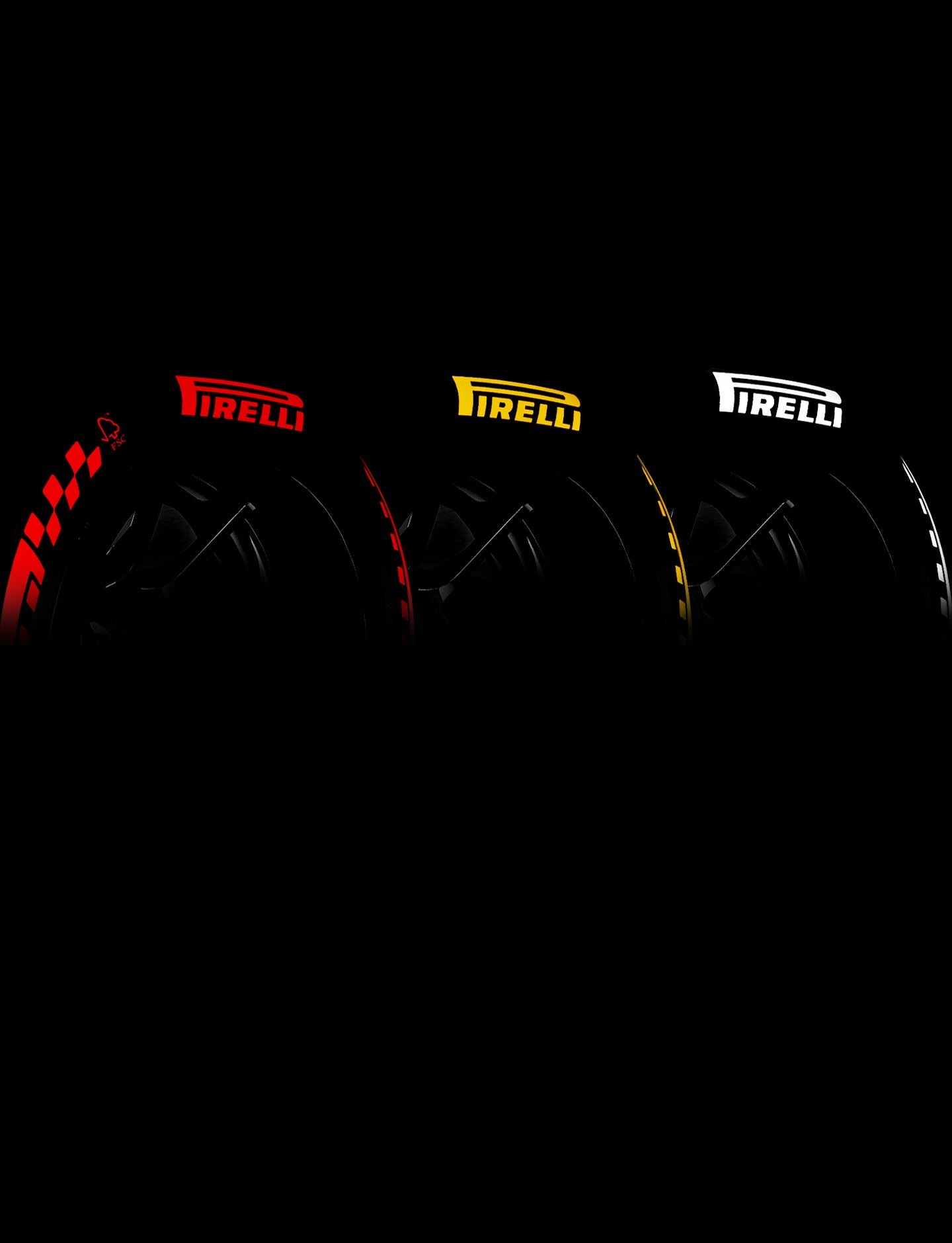 Three Pirelli tires with different colored Pirelli logos on a black background