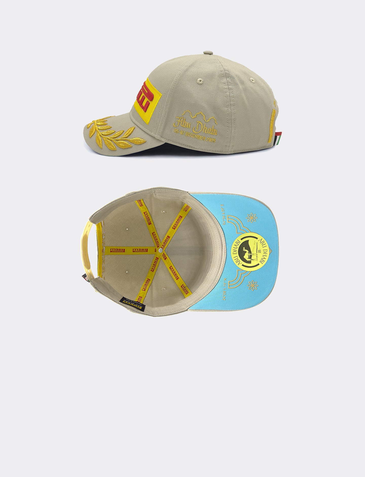 Two Pirelli baseball caps with different designs and colors on a white background