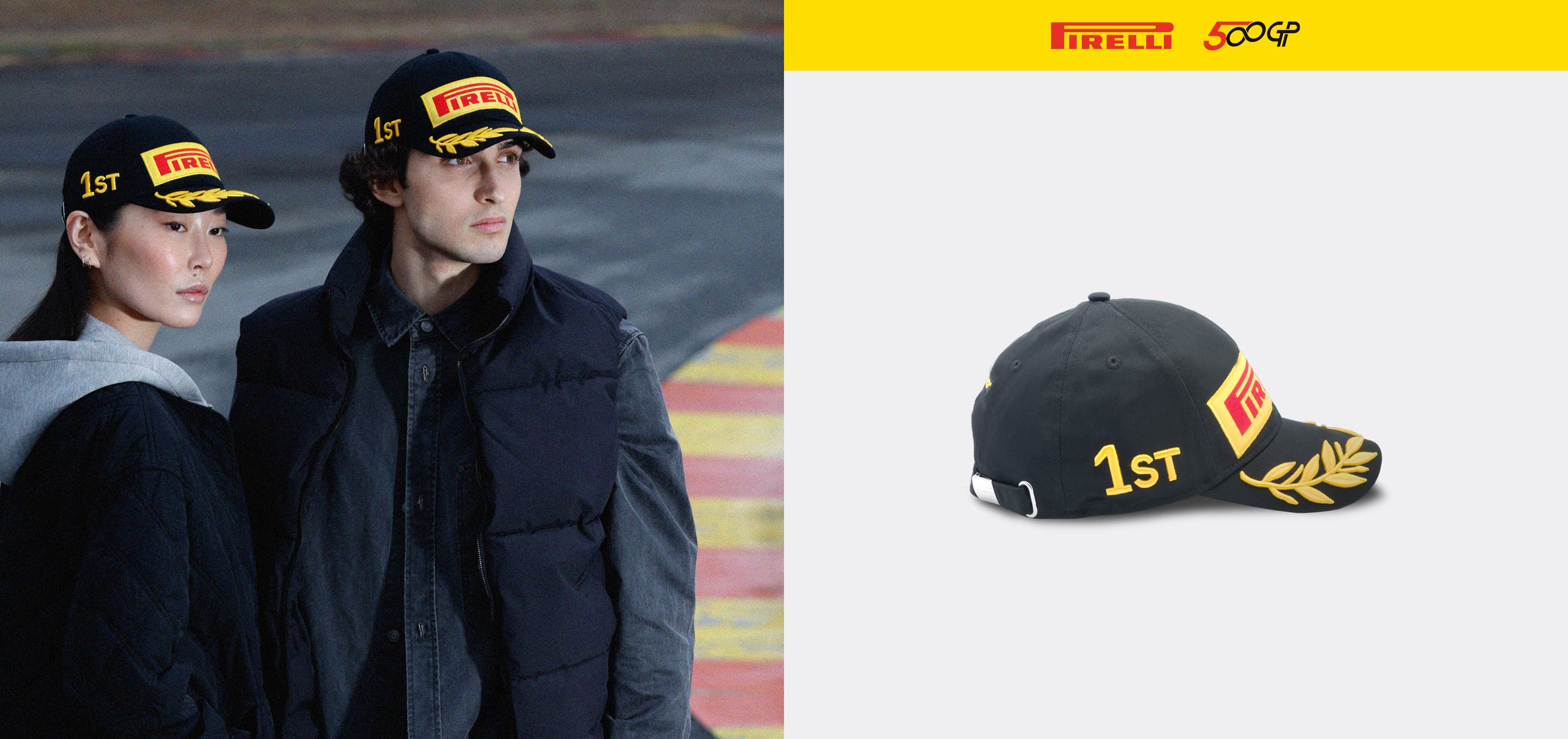 Two people wearing black Pirelli hats with a close-up of Pirelli hat on a white background.
