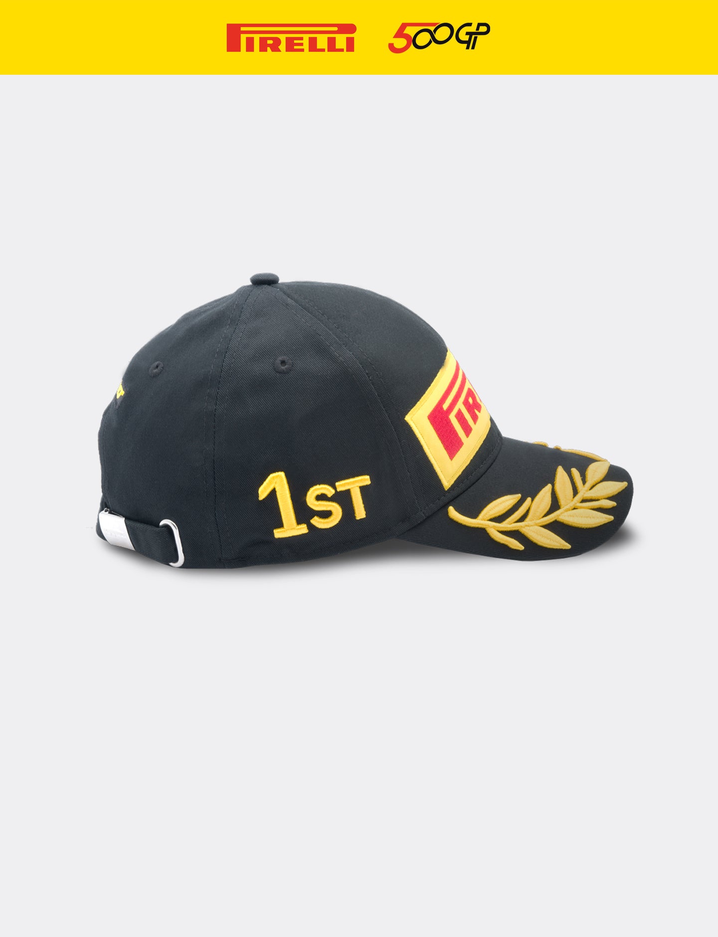 Black cap with yellow accents featuring the Pirelli logo on a white background