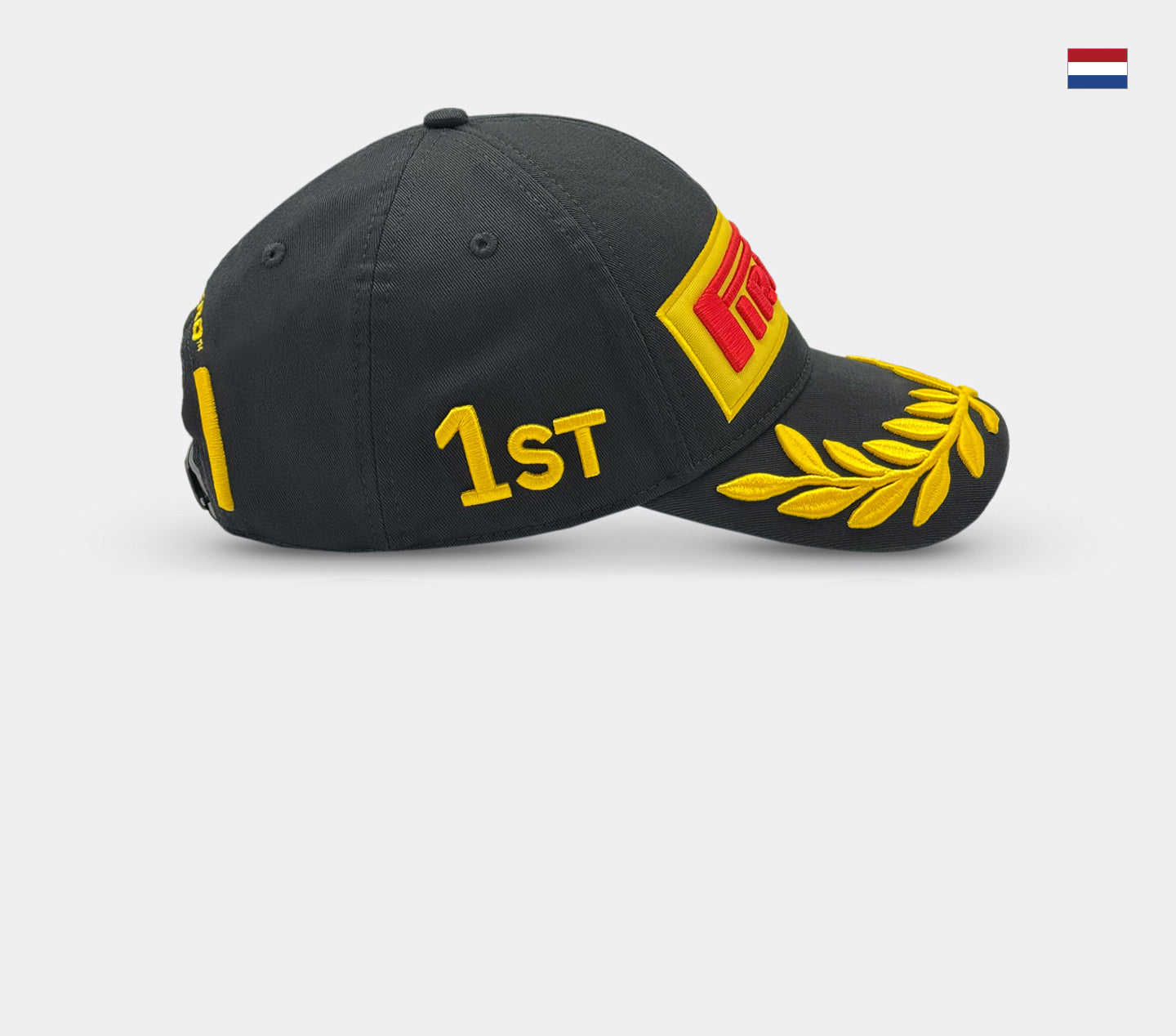 Pirelli Podium Cap 2026 Black right view with Netherlands flag in top right corner