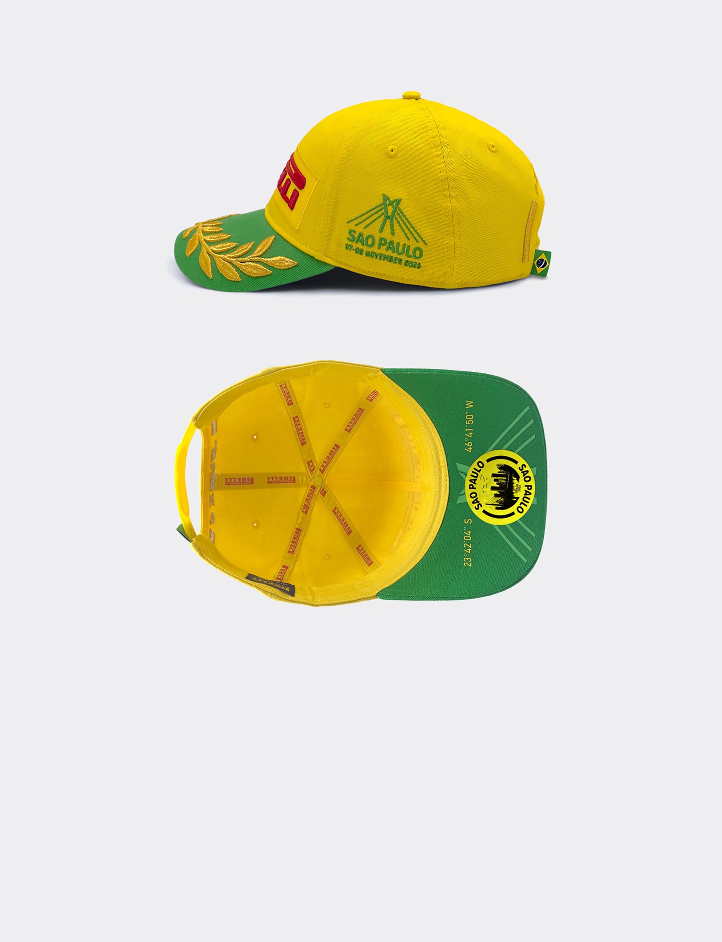 Two yellow and green caps with Pirelli logos on a white background