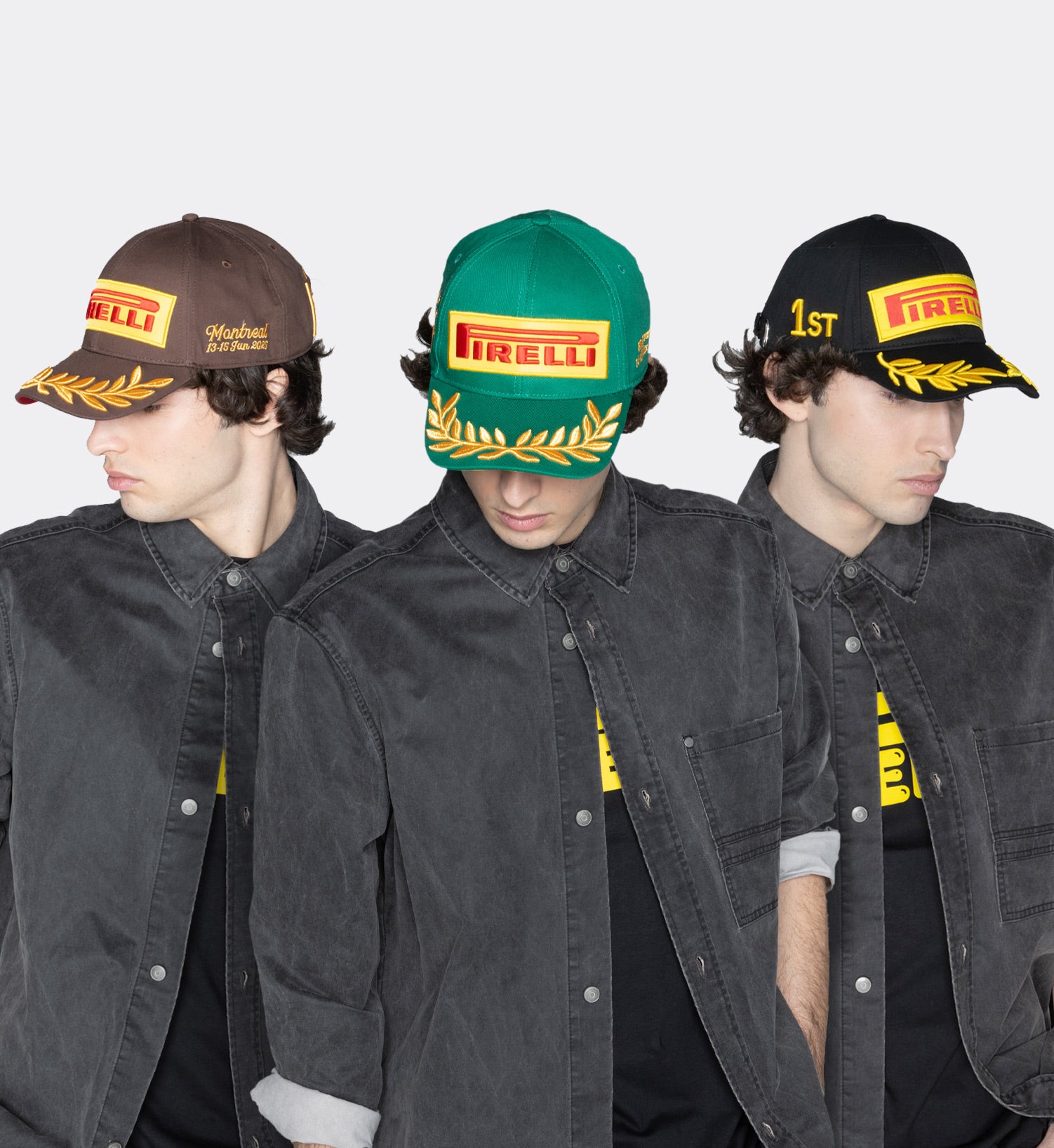 Three hats with Pirelli logo worn by a person against a white background