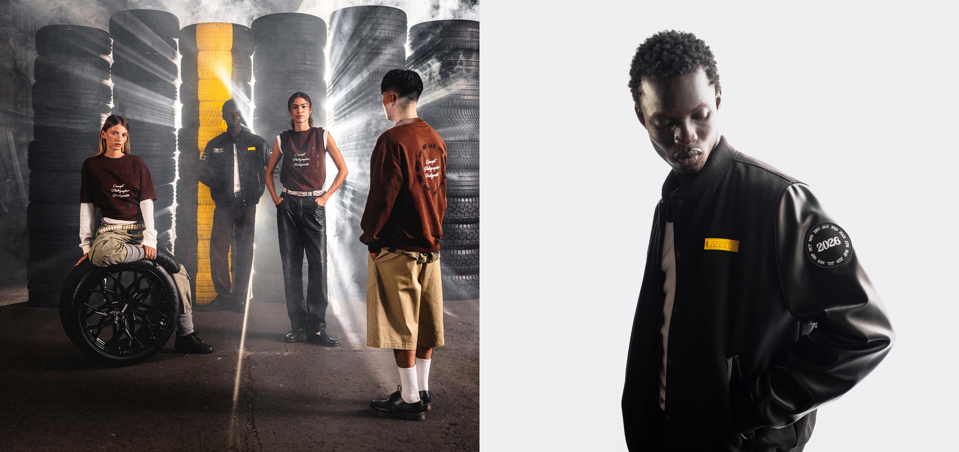 Two images: one with people in a warehouse standing in front of a stack of tires, the other with a person wearing a black Pirelli jacket with yellow accents.