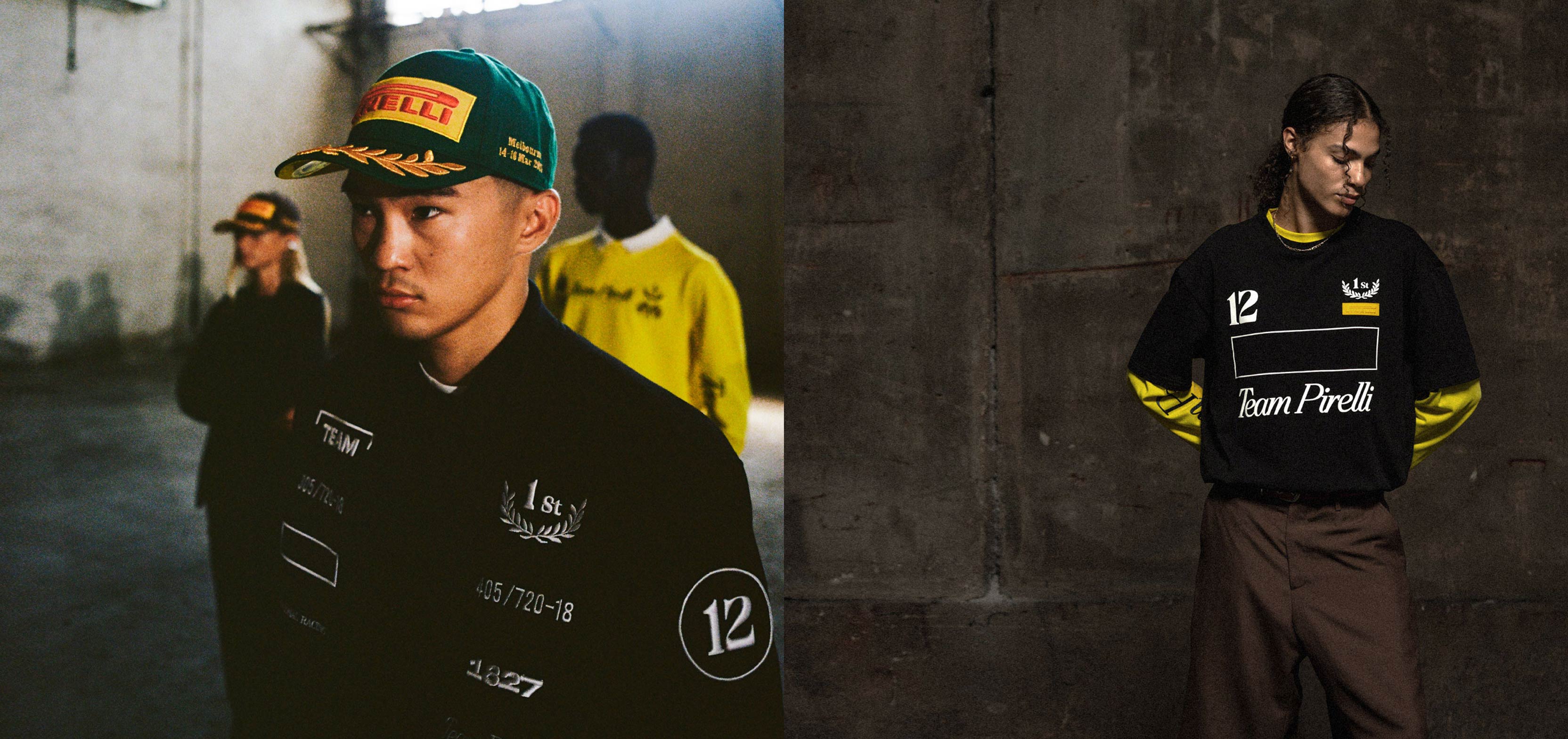 People wearing Team Pirelli outfits in dark, warehouse settings.