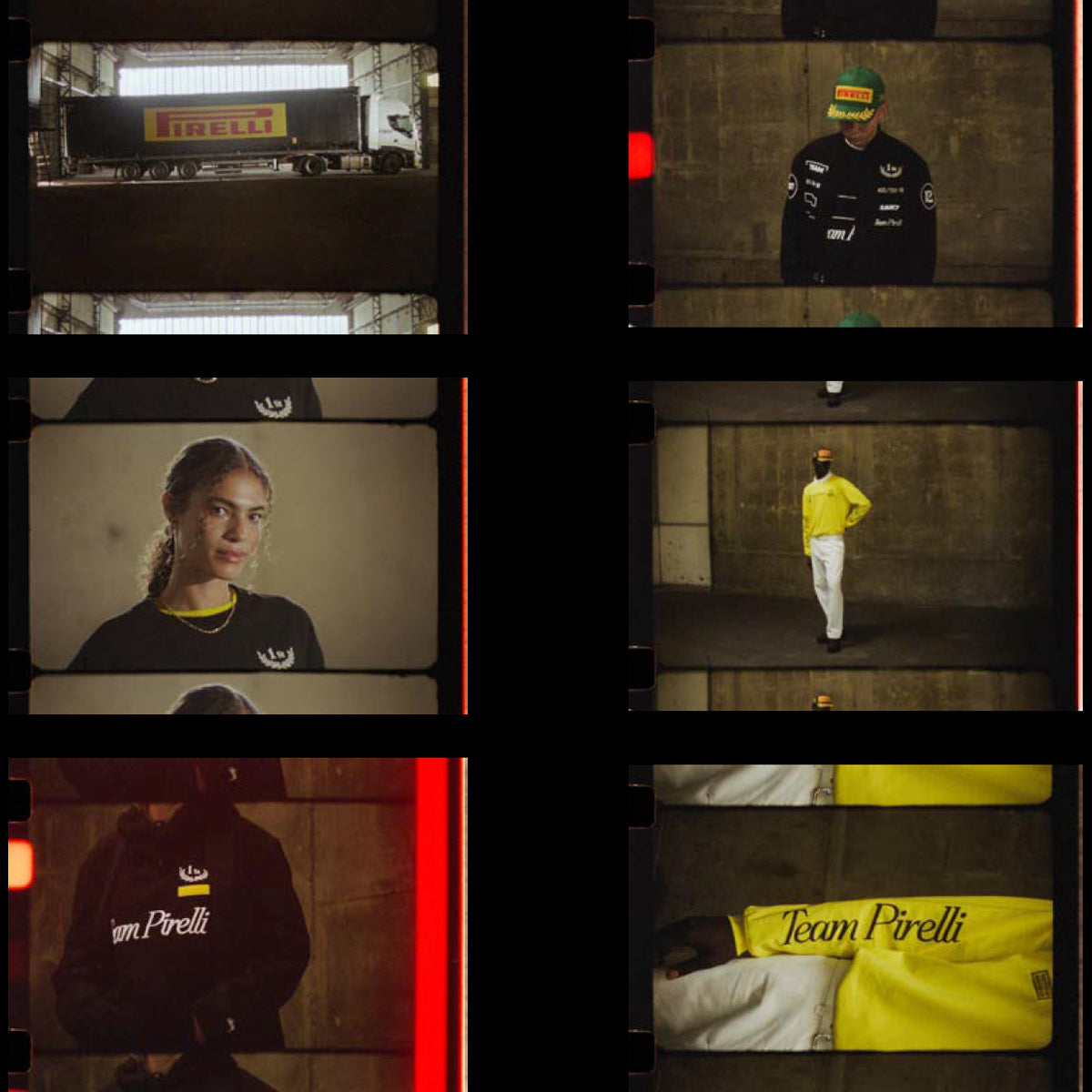 Collage of images featuring people wearing clothing with 'Team Pirelli' branding in various settings.