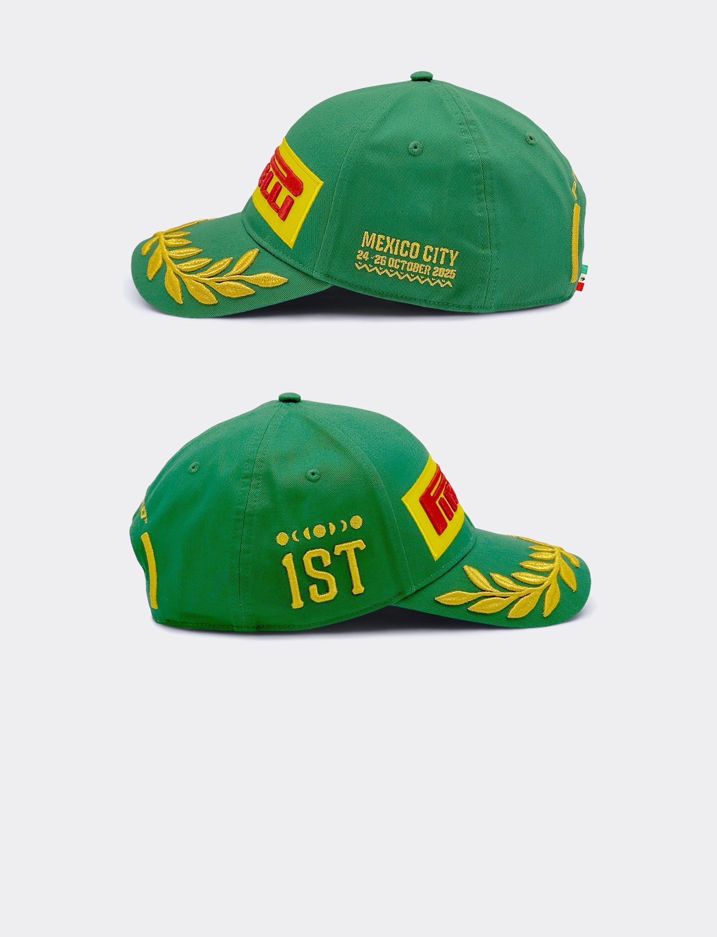 Two green caps with yellow and red accents on a white background