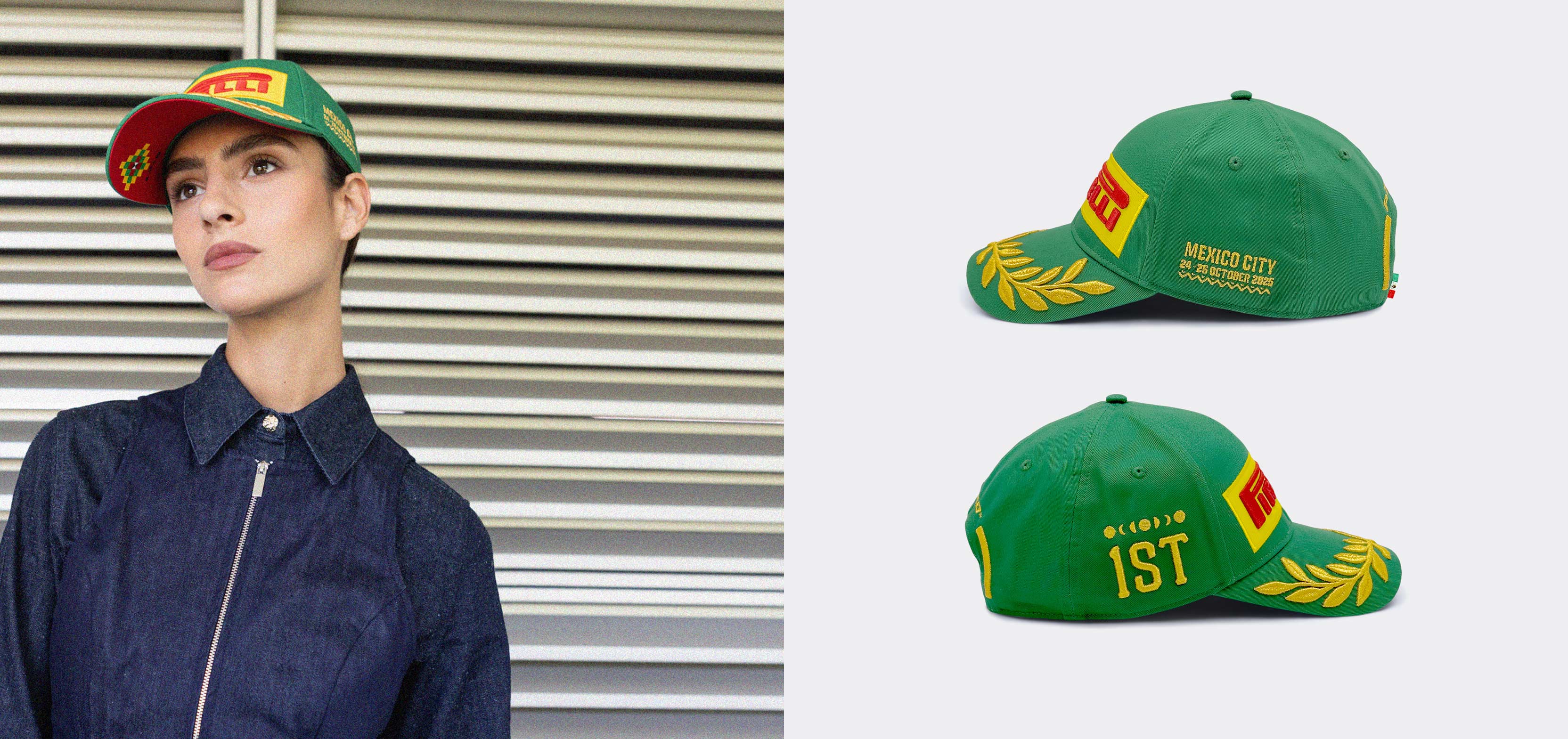 Person wearing a green cap with red and yellow accents, next to images of the cap on a white background.