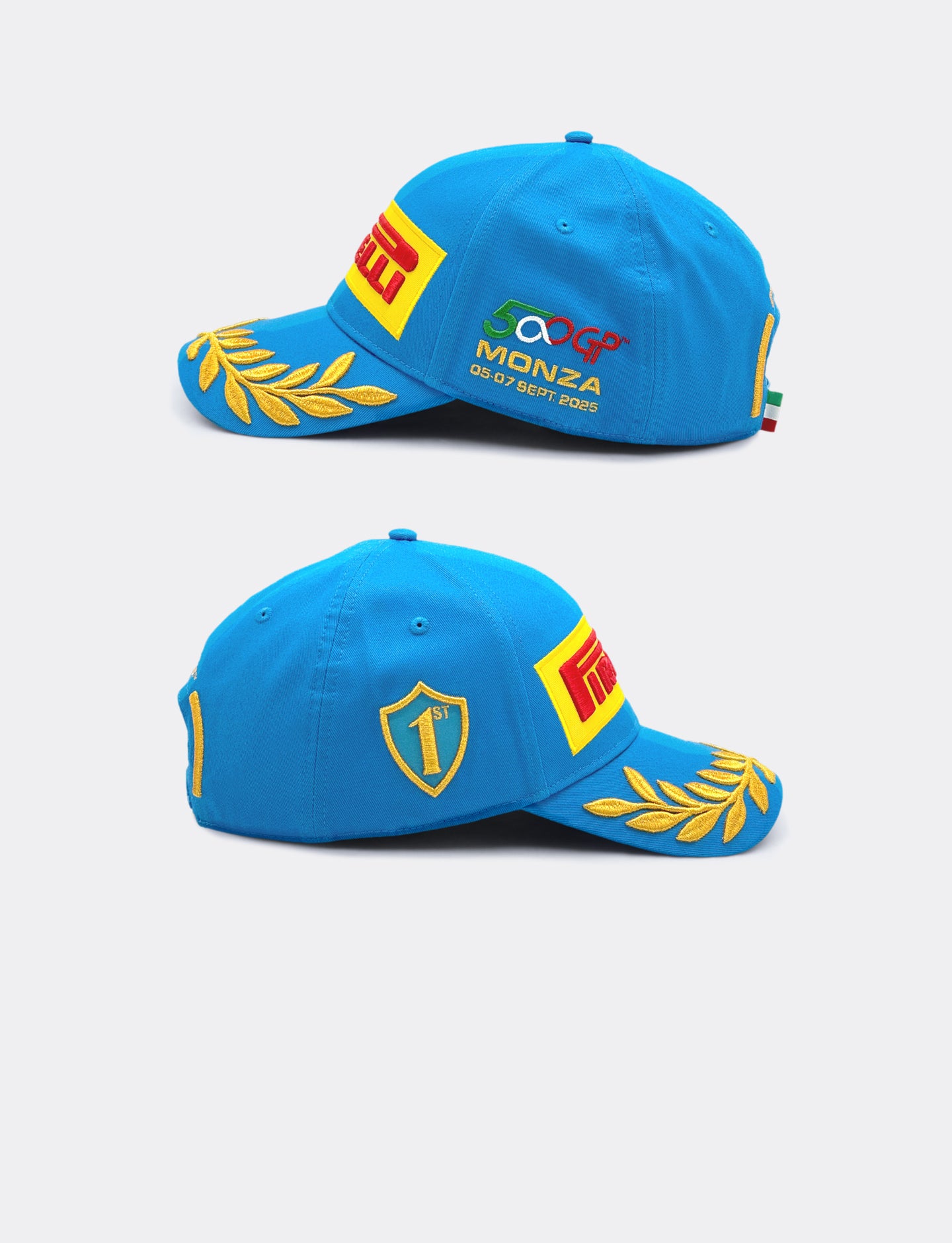 Two Pirelli blue Monza podium caps