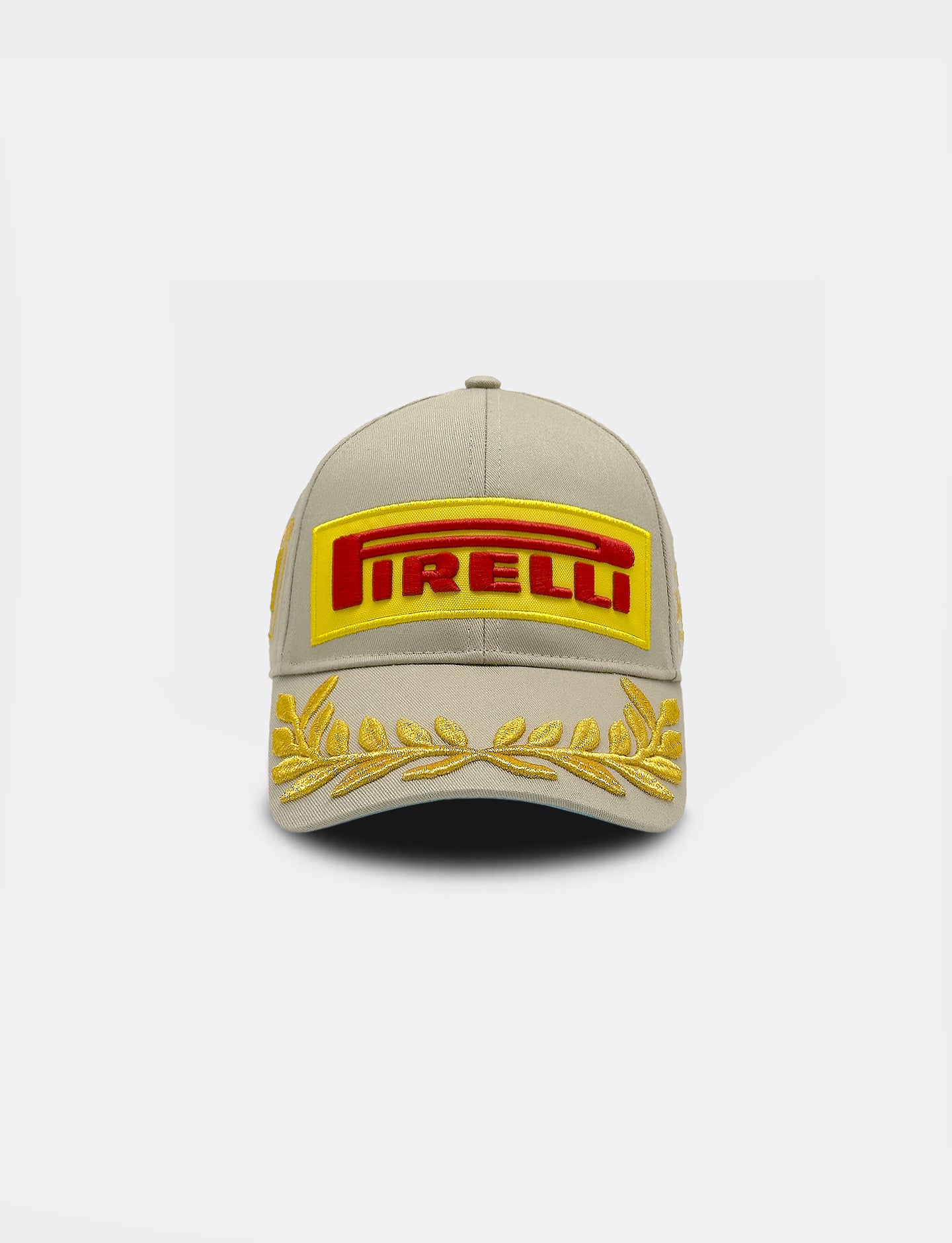Beige cap with Pirelli logo on a white background