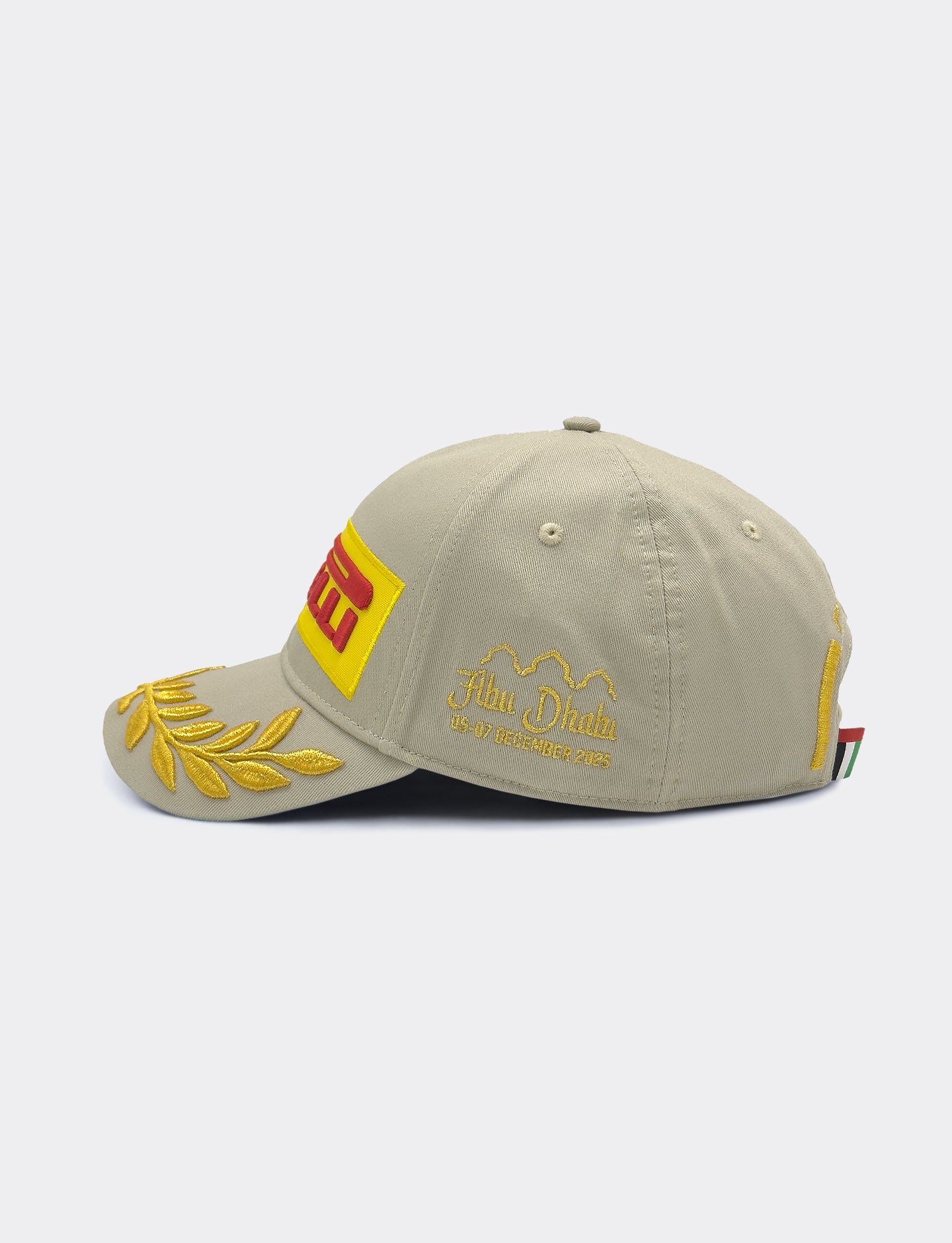Beige cap with yellow and red logo on a white background