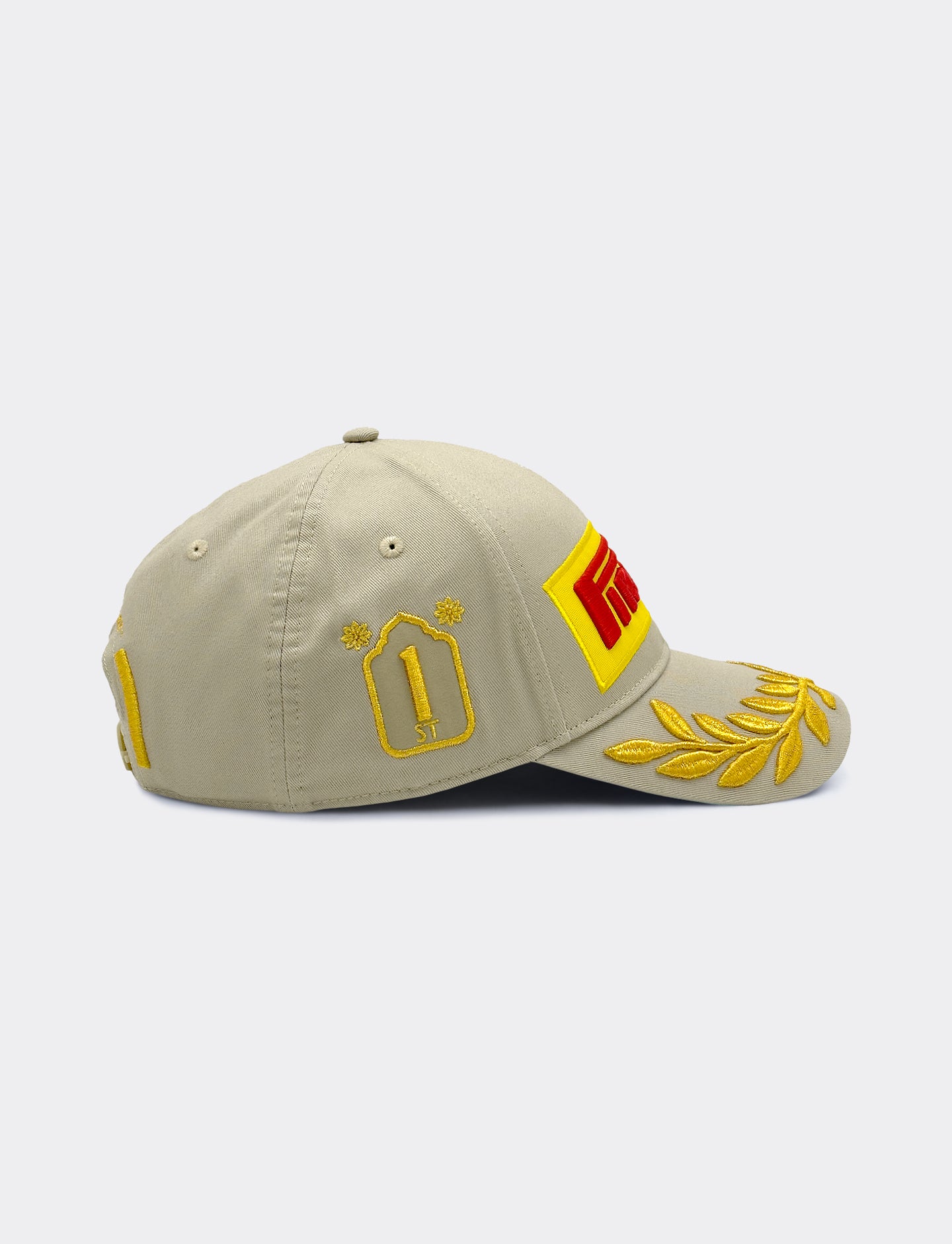 Beige cap with yellow and red logo on a white background