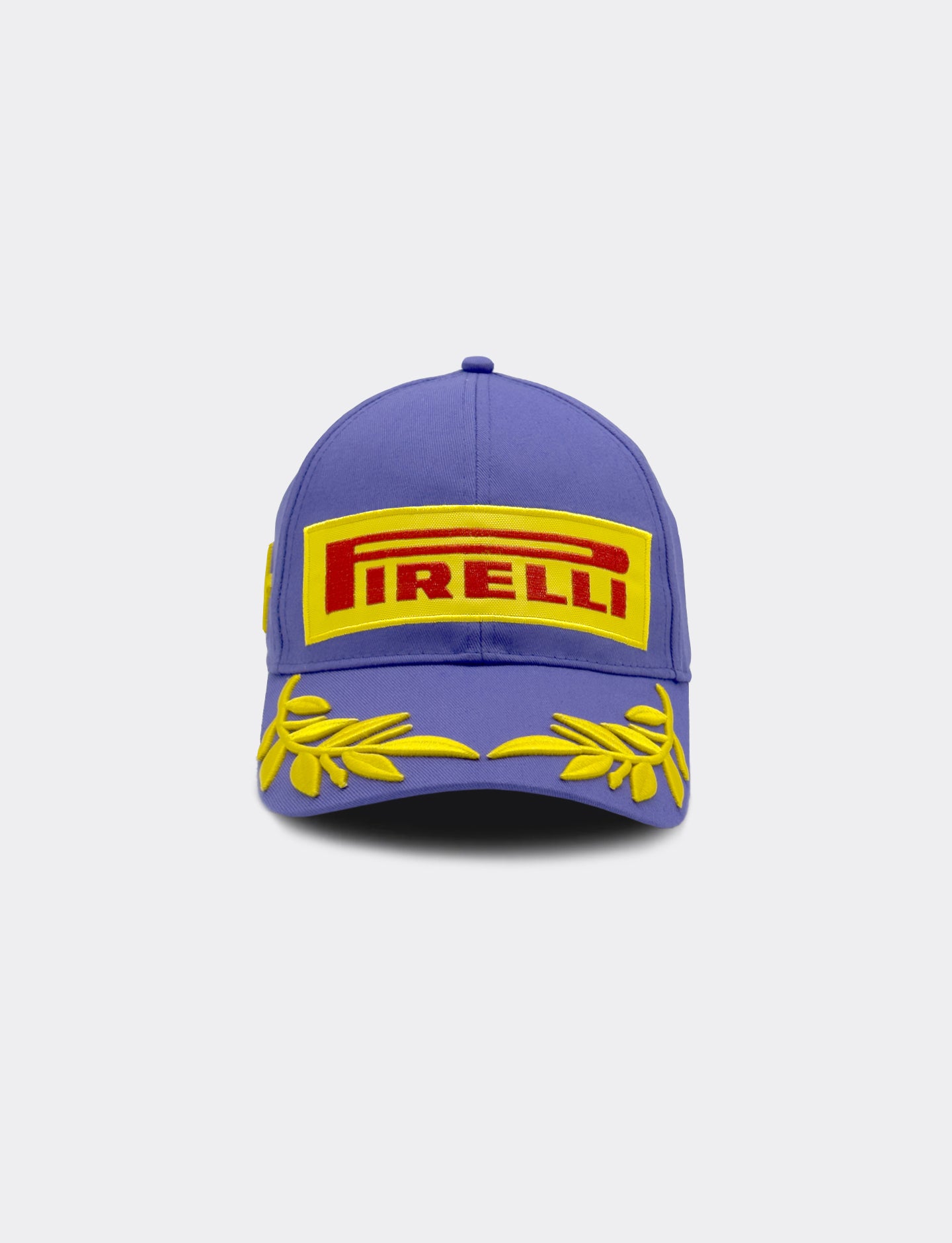 Purple cap with Pirelli logo on a light gray background