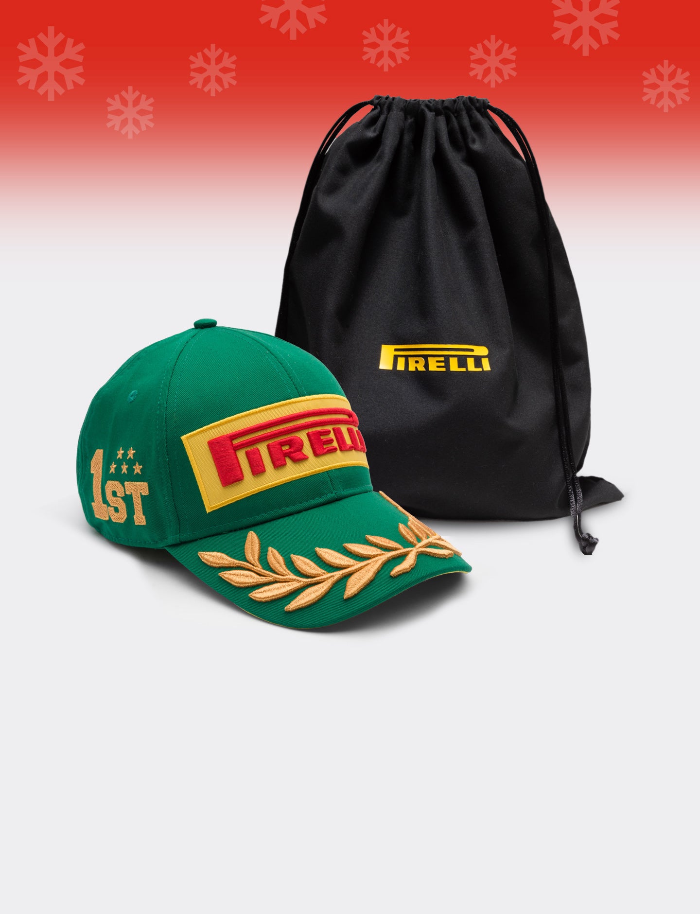Green cap with Pirelli logo and black drawstring bag on a red gradient background with snowflakes