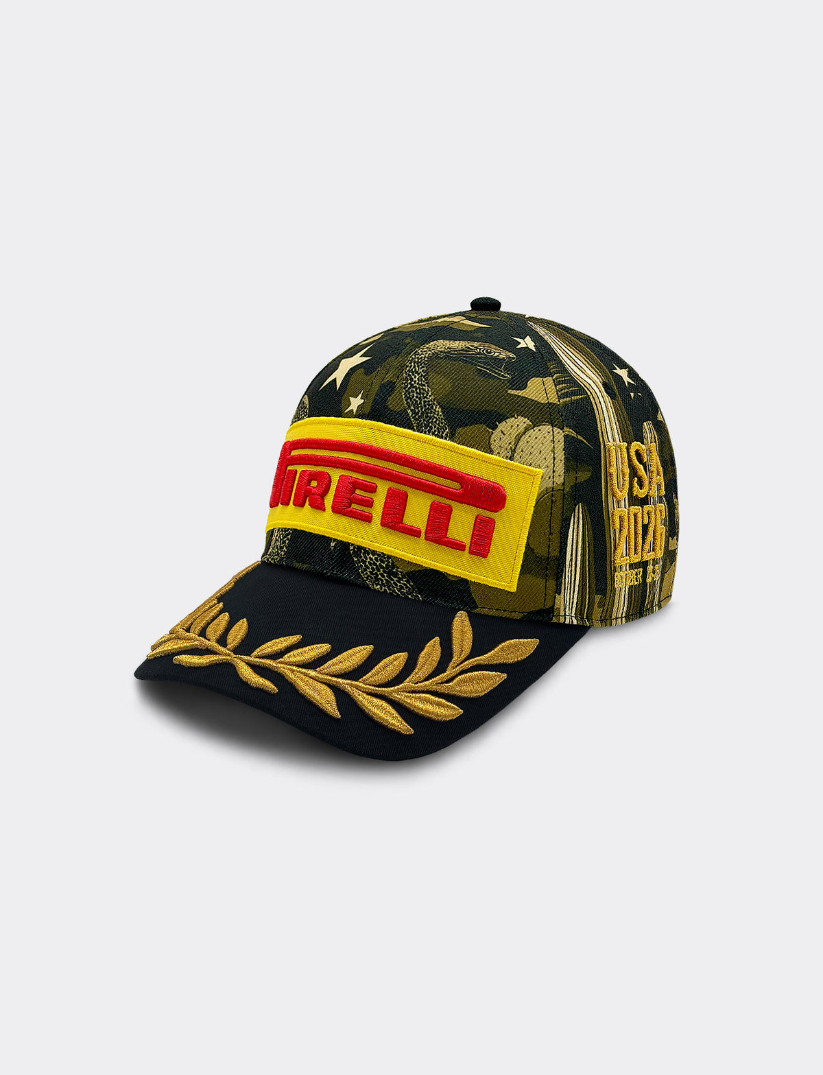 Pirelli Podium Cap 2026 Austin featuring a dark green and black camouflage pattern with gold stars, a prominent yellow Pirelli logo patch on the front with red lettering, and gold embroidered laurel leaves on the brim.