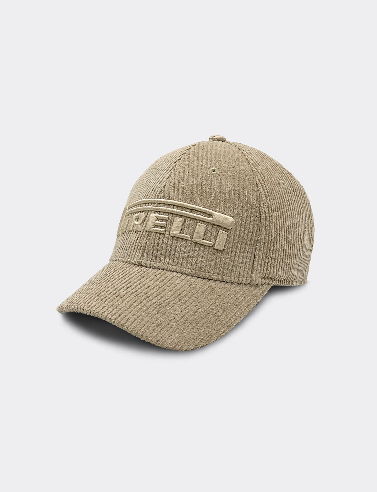A left 45 degree view of a beige Pirelli corduroy baseball cap with tonal embroidered branding on the front, shown against a light gray background.