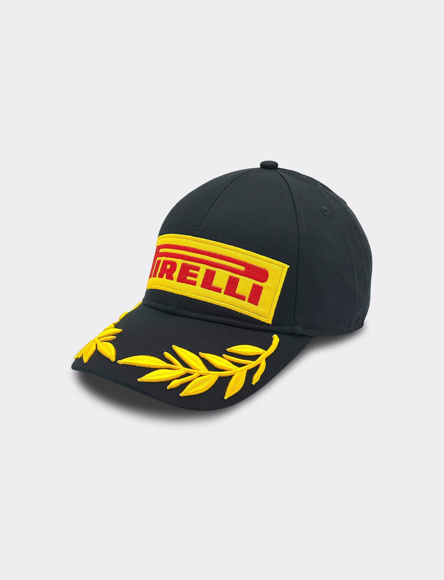 The iconic Black cap with Pirelli logo on a light gray background