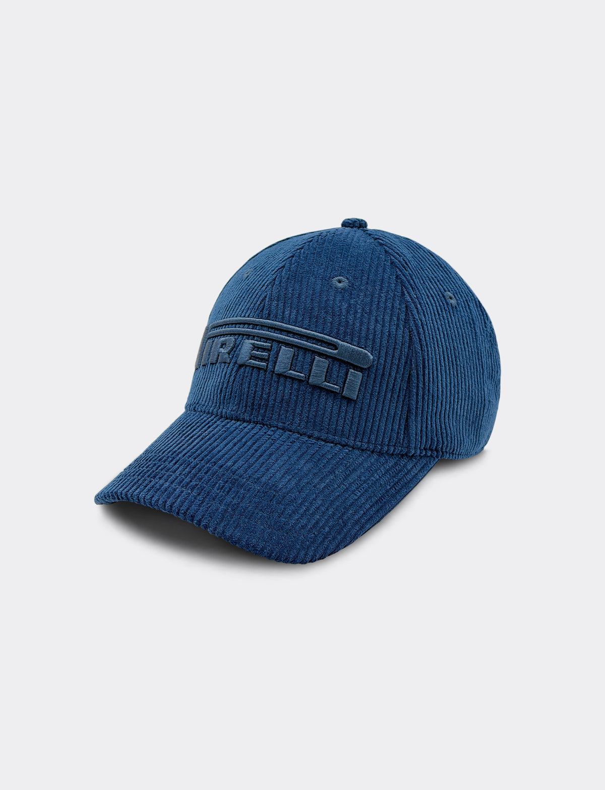 A blue corduroy baseball cap with the Pirelli logo embroidered on the front, set against a light gray background.