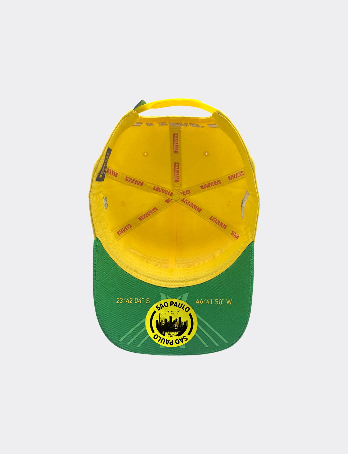 Green and yellow cap with a logo on a white background