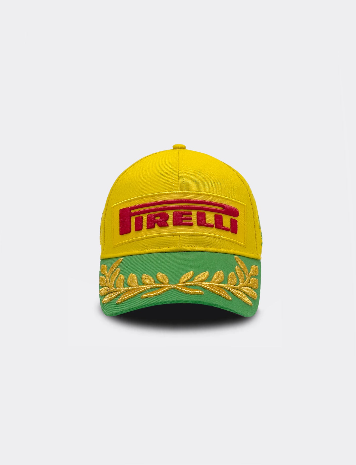 Yellow cap with Pirelli logo on a white background