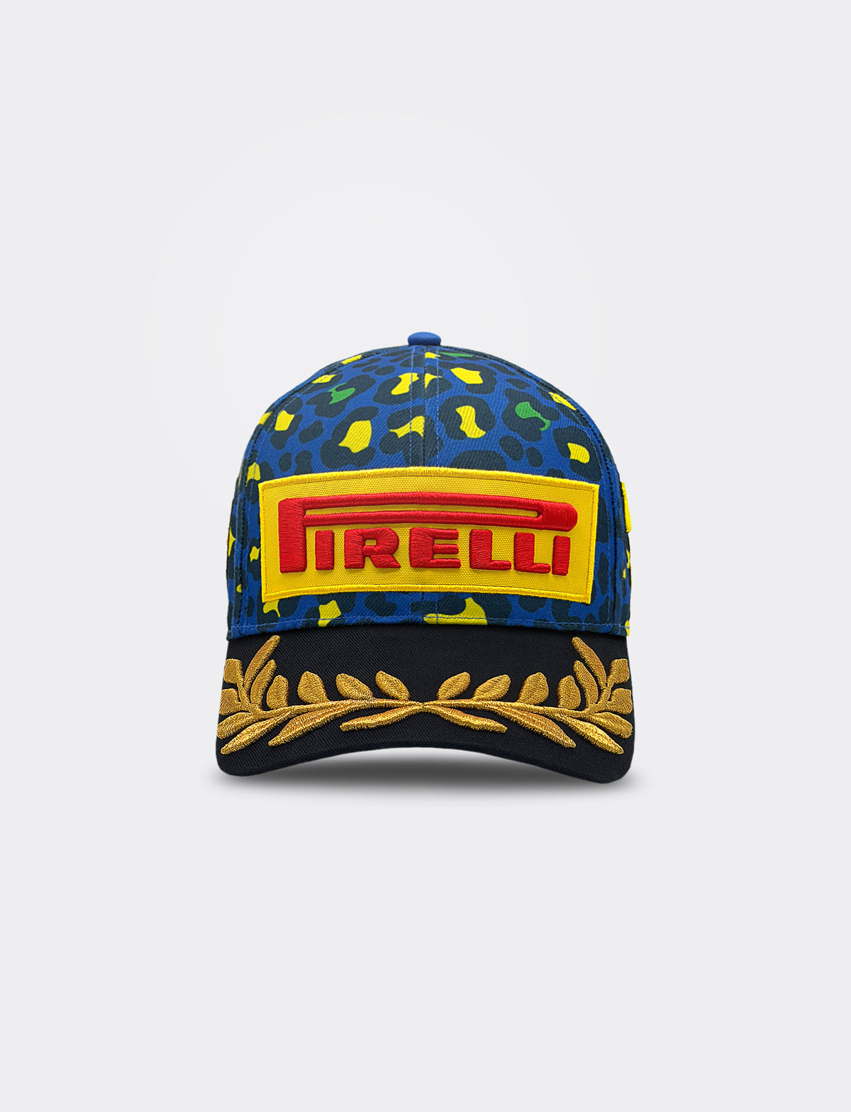 Blue jaguar print Pirelli podium cap F1® front view featuring drak blue, green and yellow spots, a red and yellow Pirelli logo embroidery and gold laurel embroidery on a black brim
