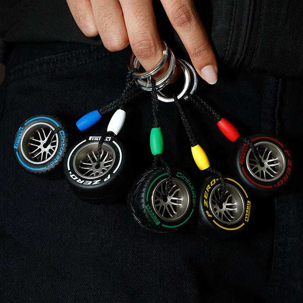 Closeup of 5 Pirelli Tyre Keyrings