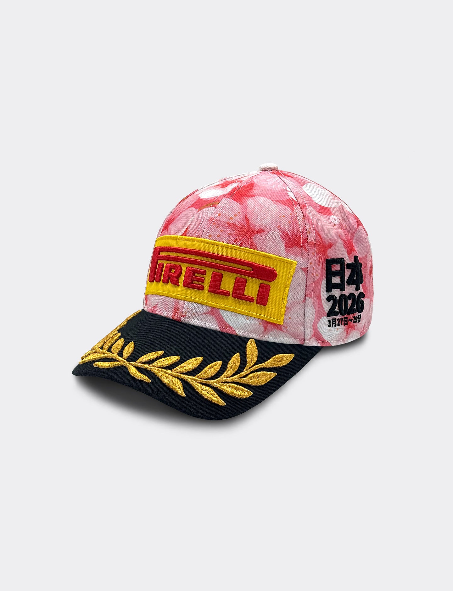Pirelli Podium Cap with pink floral design on a light gray background