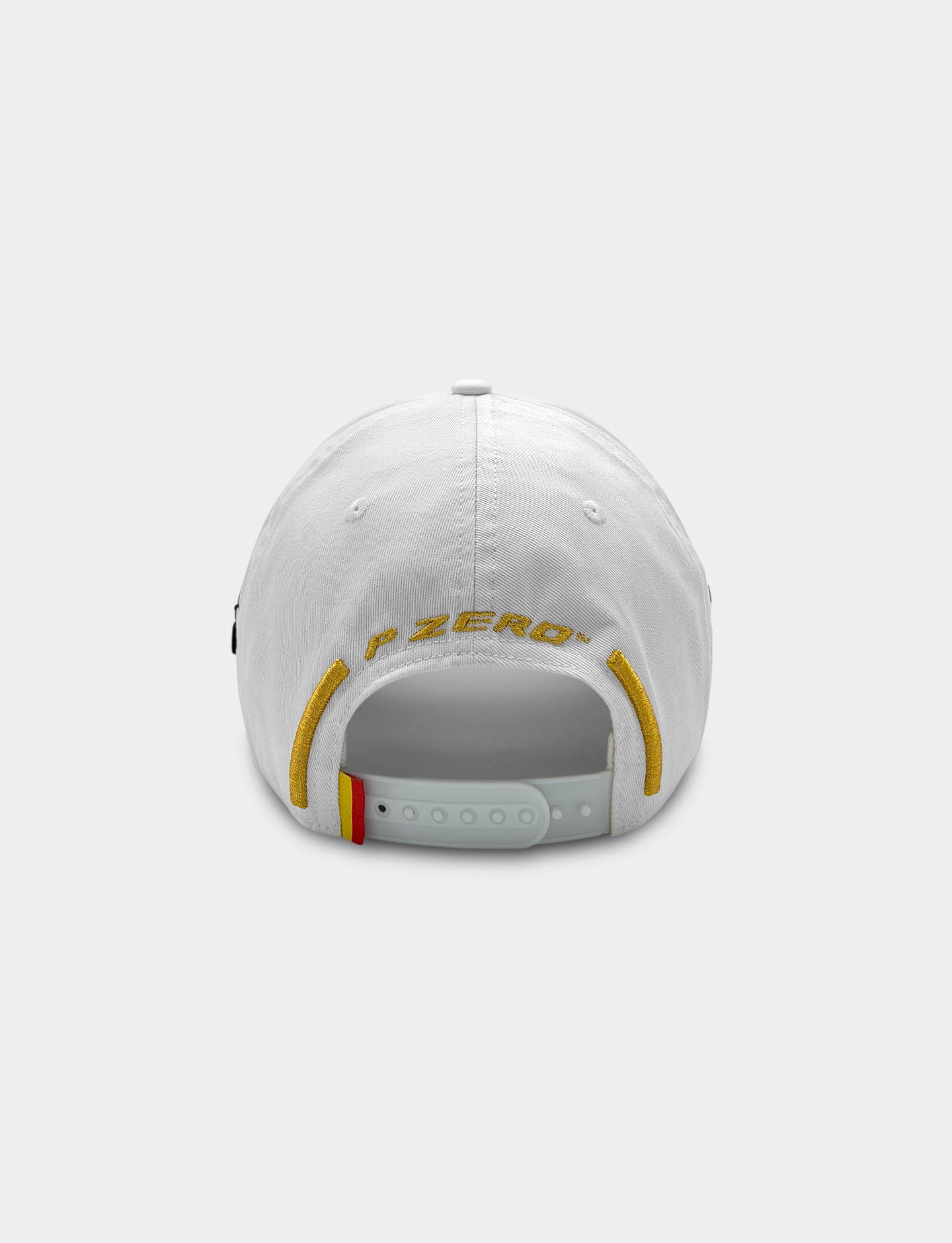 Pirelli Podium Cap 2026 Madrid - back view showing white cap with gold 'P ZERO' embroidery and small Spanish flag on snapback closure
