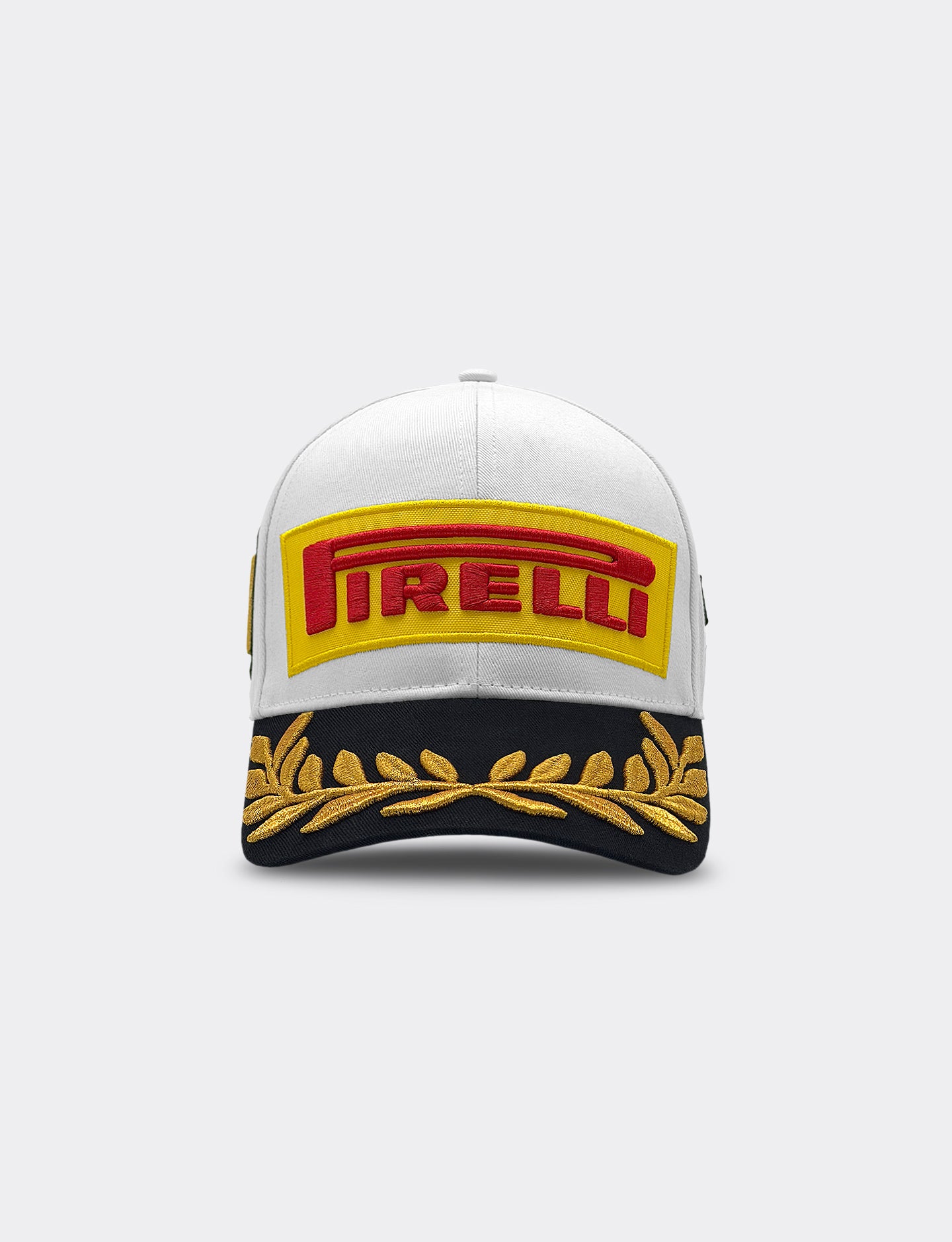 Pirelli Podium Cap 2026 Madrid - front view with Pirelli logo embroidered on white crown and gold laurel embroidery on a black visor