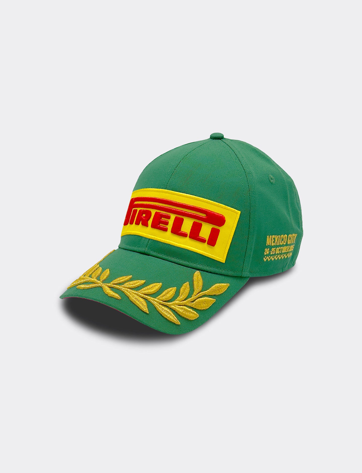 Green cap with Pirelli logo on a light gray background