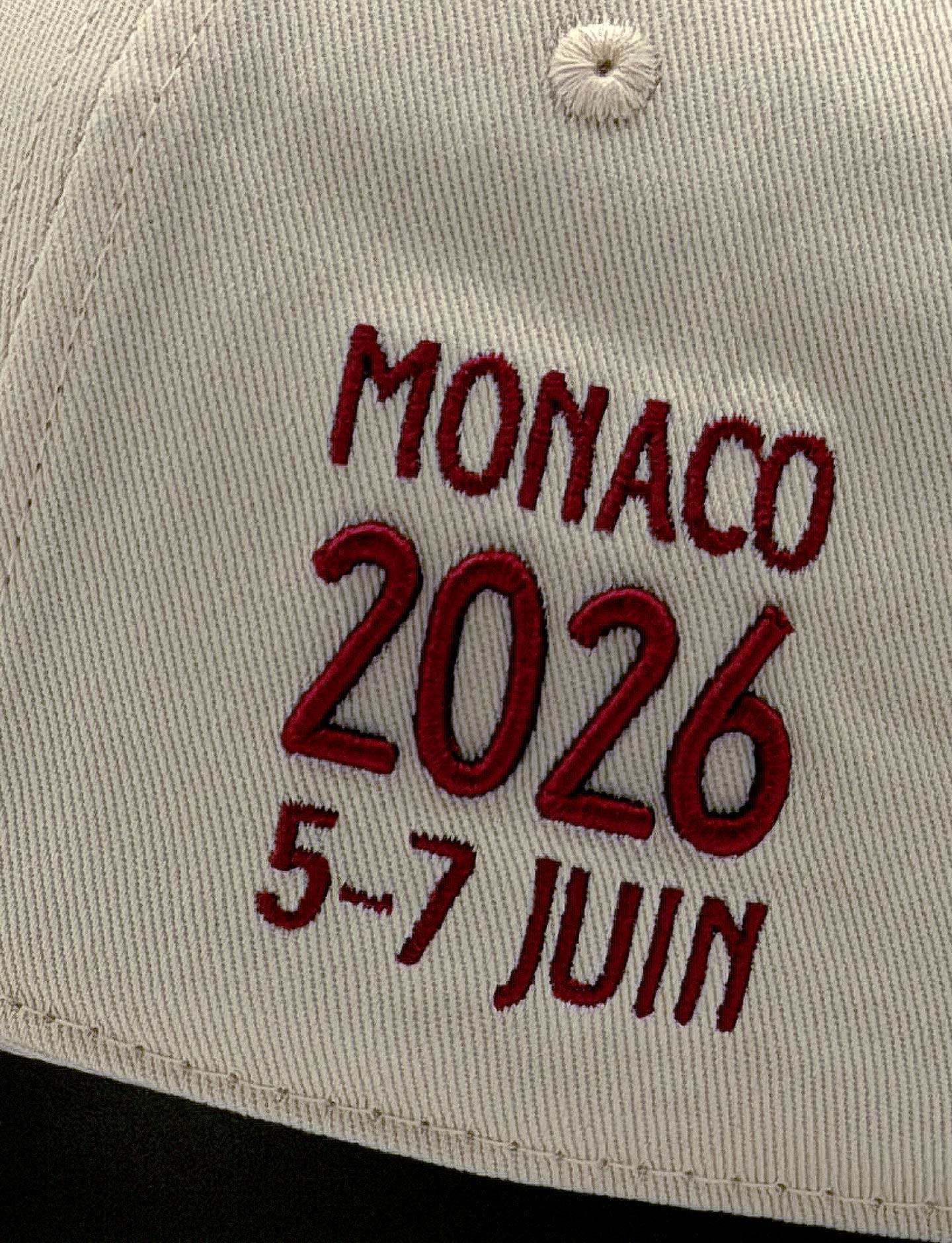 Pirelli Podium Cap 2026 Monaco - closeup of Monaco 2026 5-7 Juin embroidery