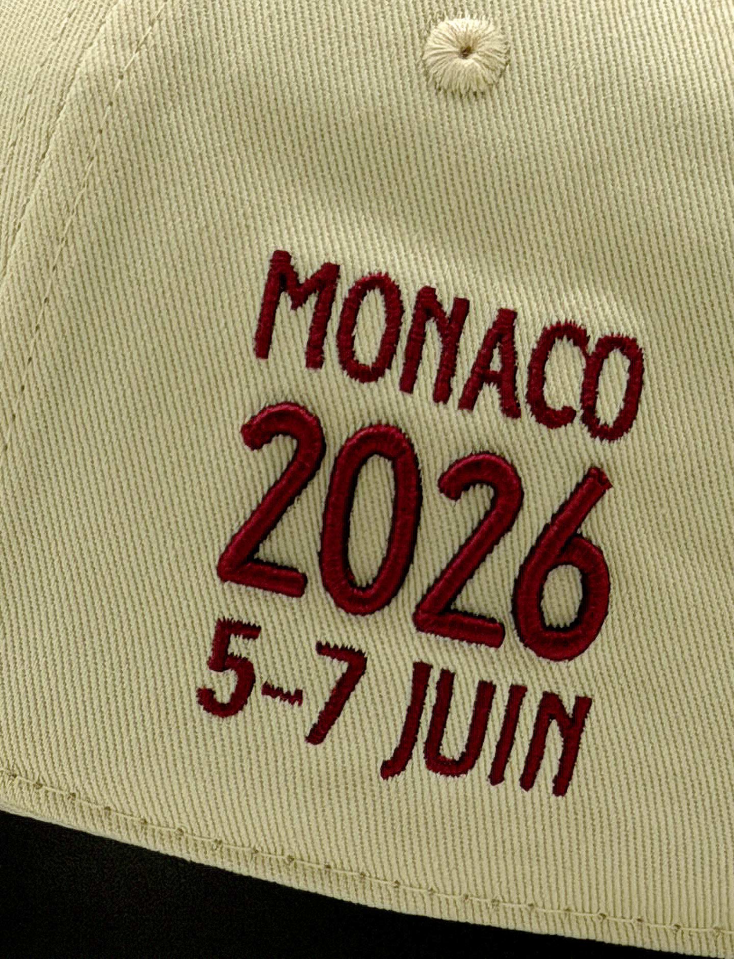 Pirelli Podium Cap 2026 Monaco - closeup of Monaco 2026 5-7 Juin embroidery