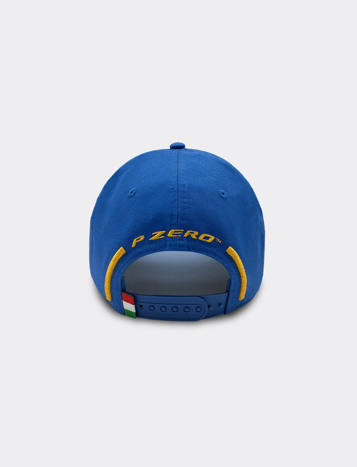 Pirelli Podium Cap 2026 Monza - back view showing gold 'P ZERO" embroidery and woven Italian flag label on snapback