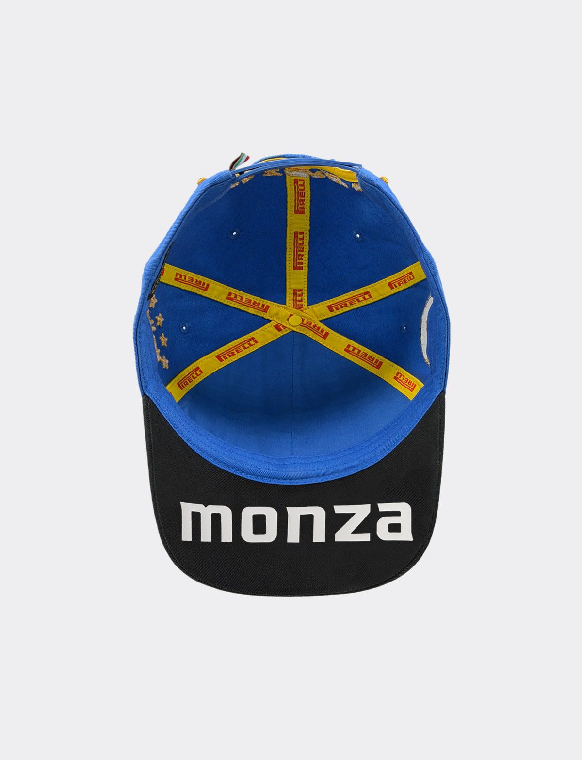 bottom view of Pirelli Podium Cap 2026 Monza - showing 'MONZA' written on black underbill