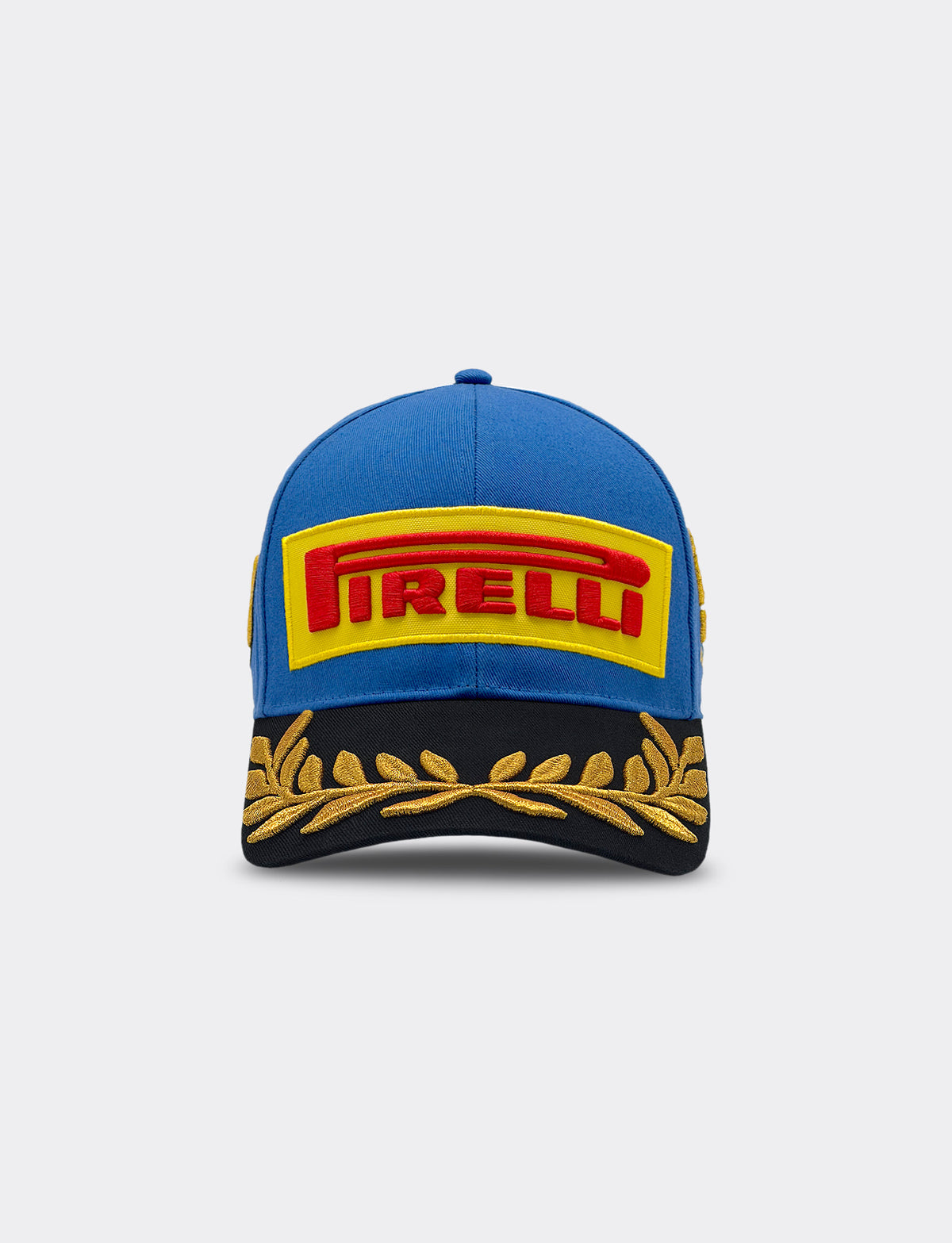 Pirelli Podium Cap 2026 Monza - front view, royal blue crown with black visor and gold embroidery throughout