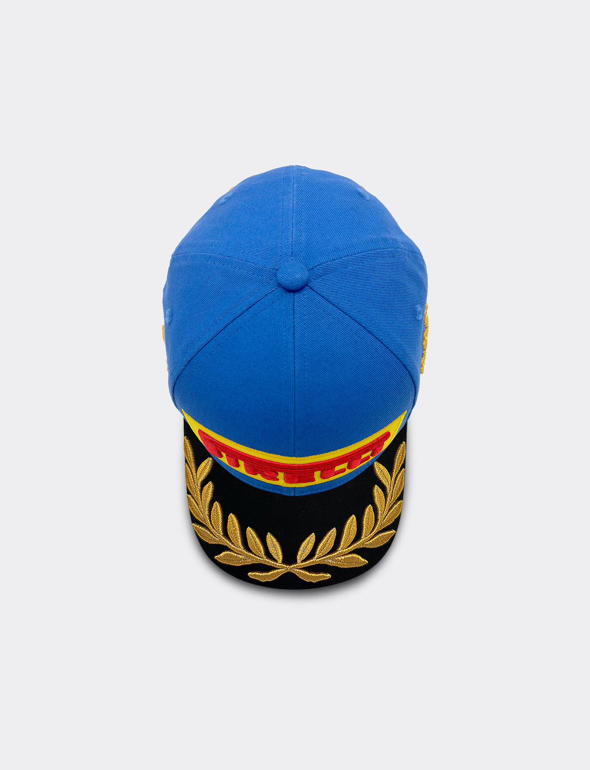 Pirelli Podium Cap 2026 Monza - top view, royal blue crown, Pirelli logo on front and gold laurel embroidery on black visor
