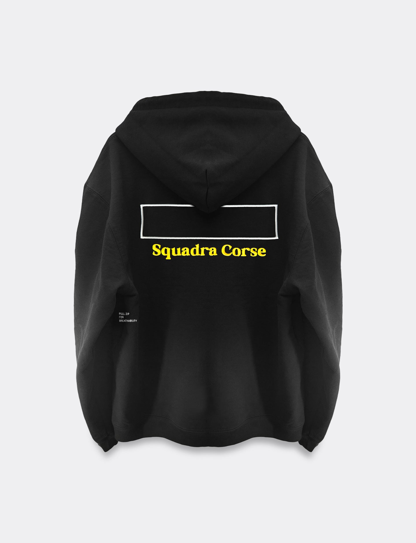Black Pirelli hoodie with 'Squadra Corse' text on the back against a white background