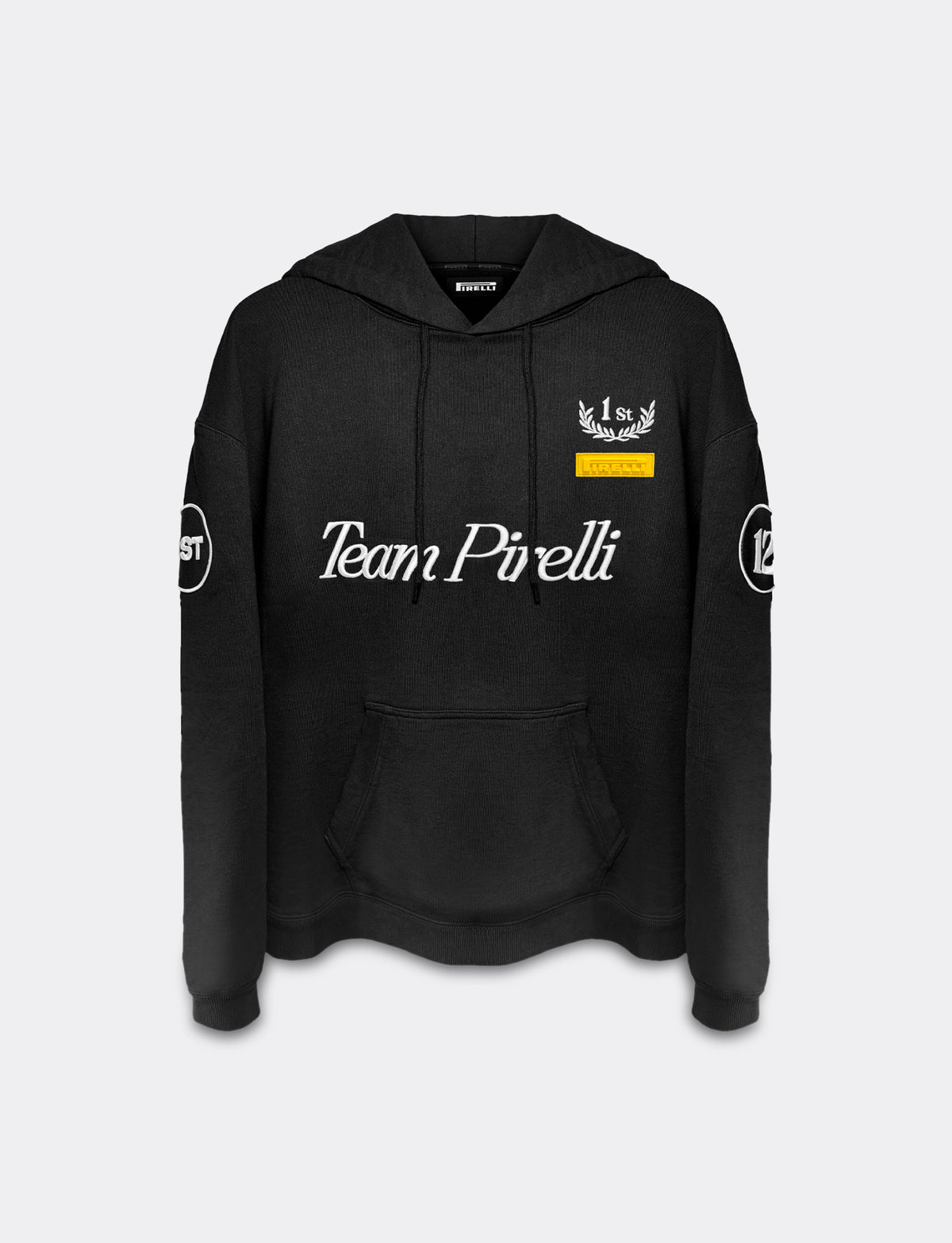 Black hoodie with 'Team Pirelli' text on a white background
