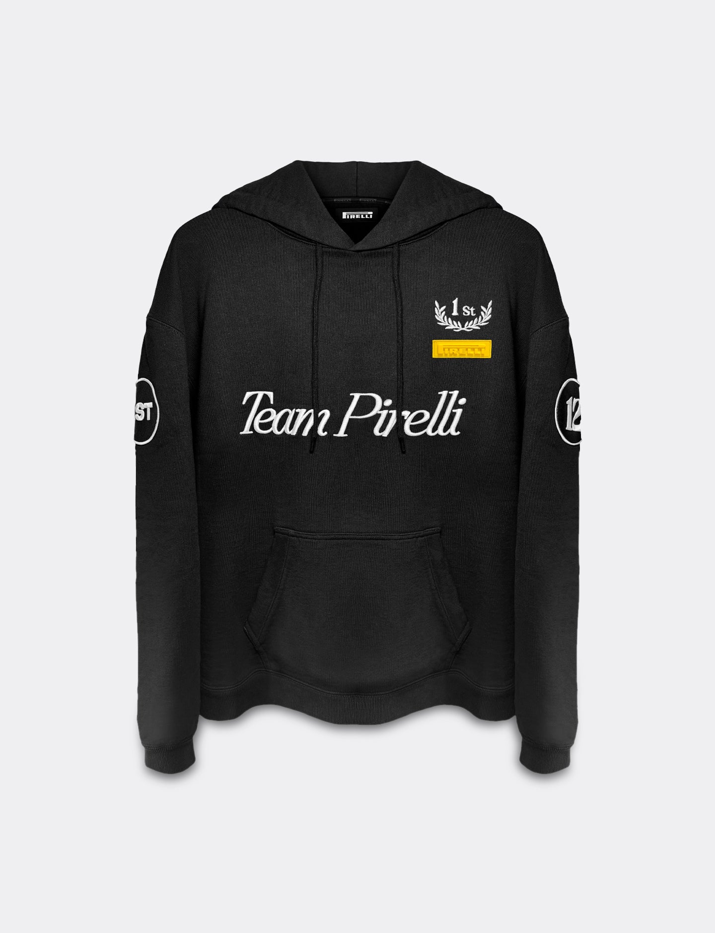 Black hoodie with 'Team Pirelli' text on a white background