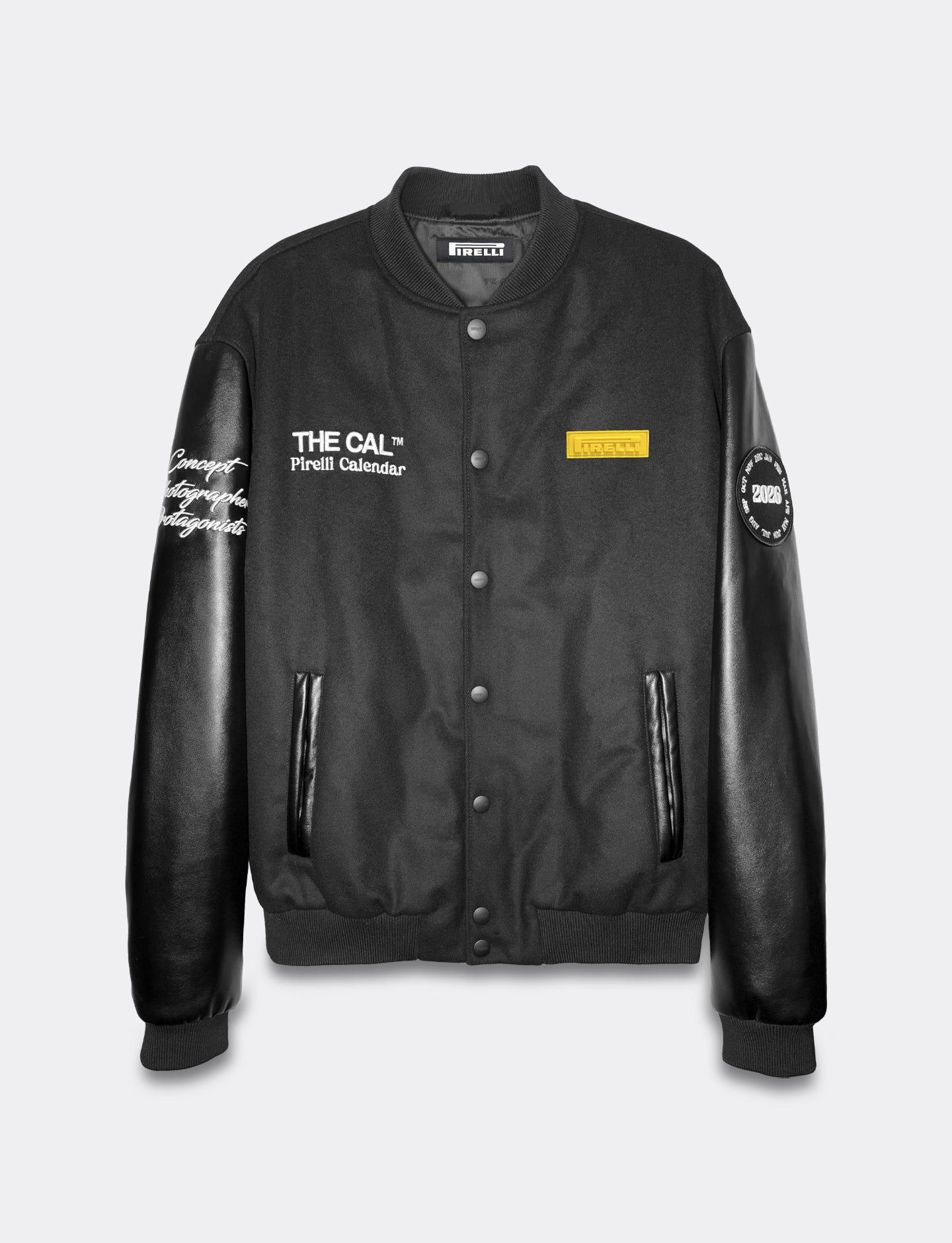 Black Pirelli Calendar bomber jacket with leather sleeves on a light gray background