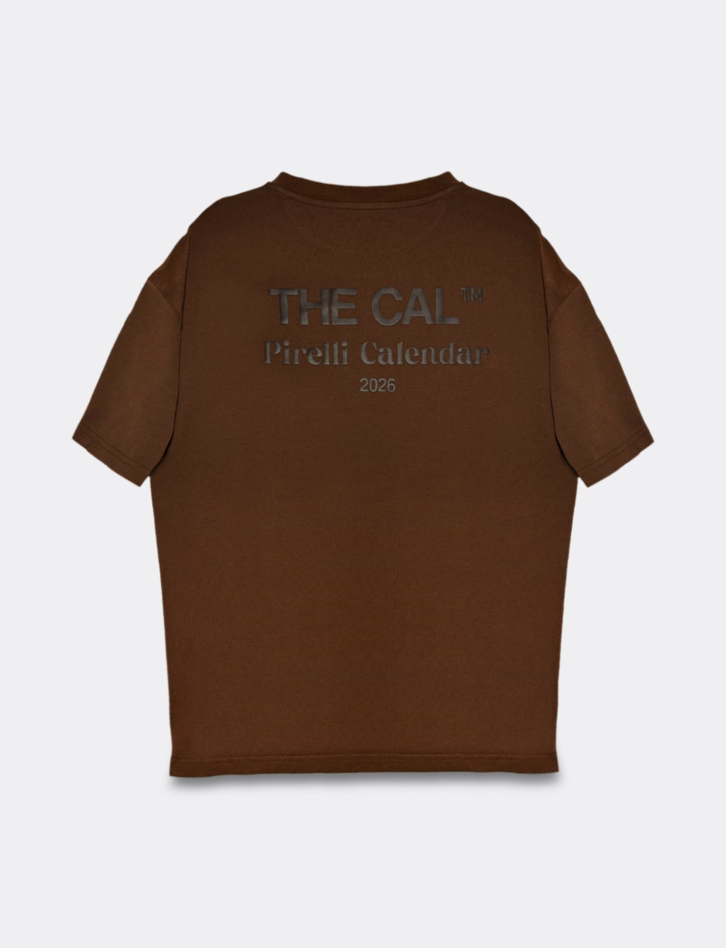Brown t-shirt with text on the back against a white background