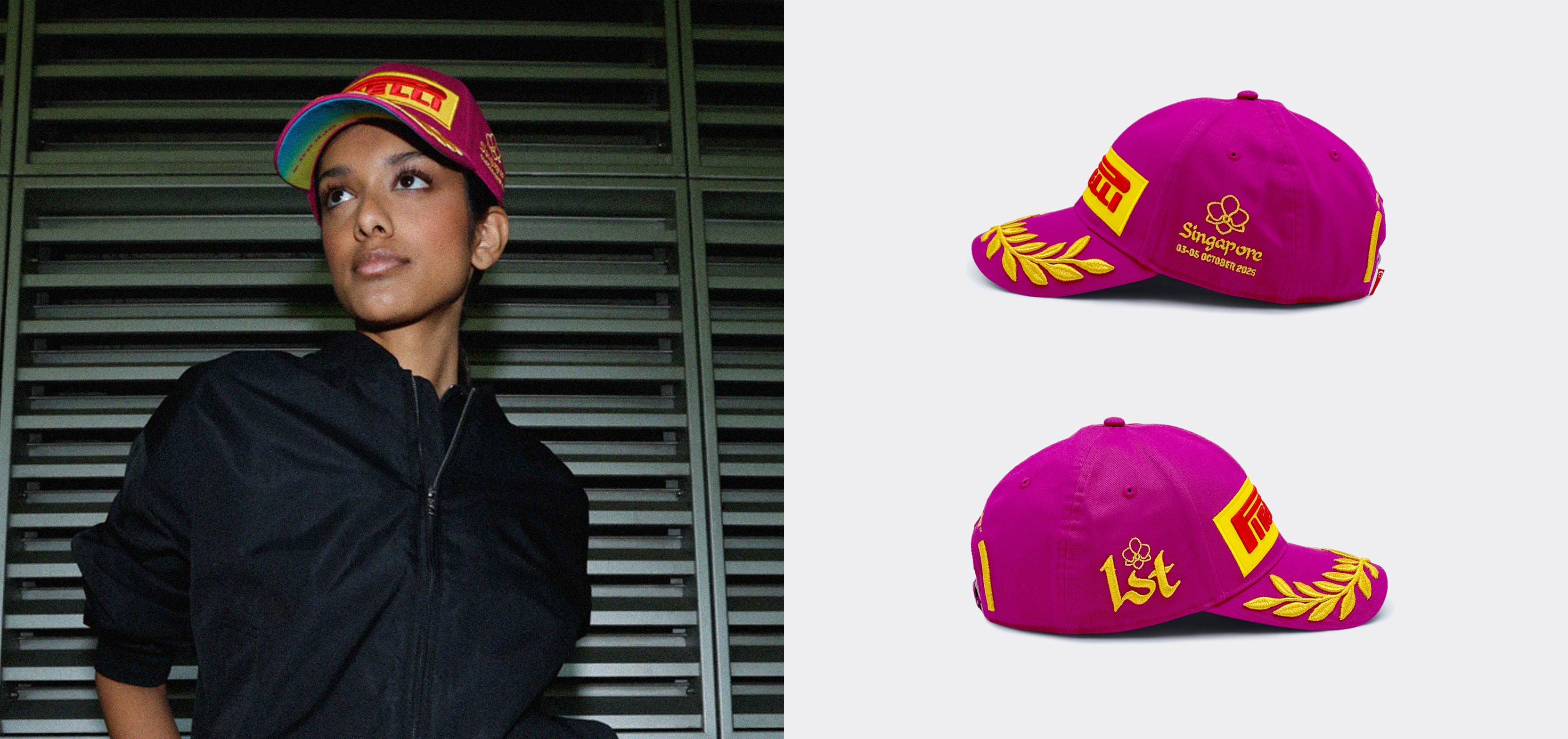 Split screen pictures - person wearing a magenta Pirelli cap, next to two magenta Pirelli caps with yellow accents on a white background.