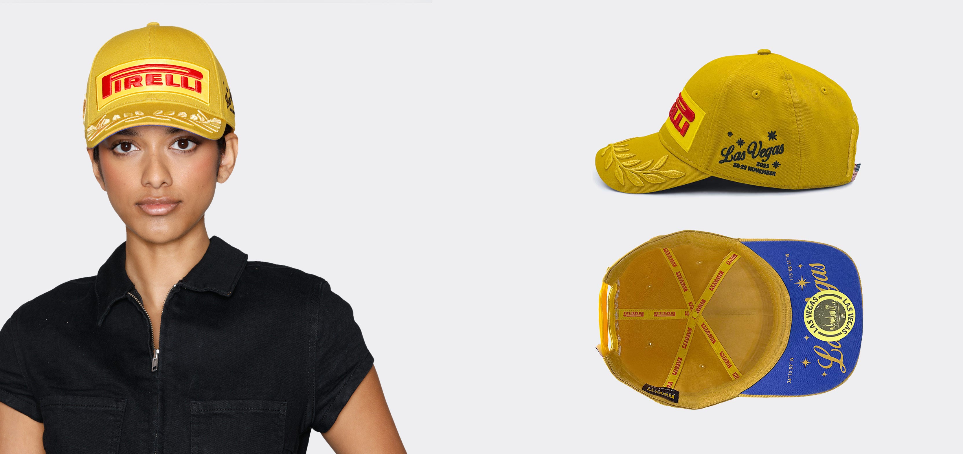 Yellow cap with Pirelli logo worn by a person, with additional caps displayed below on a white background.